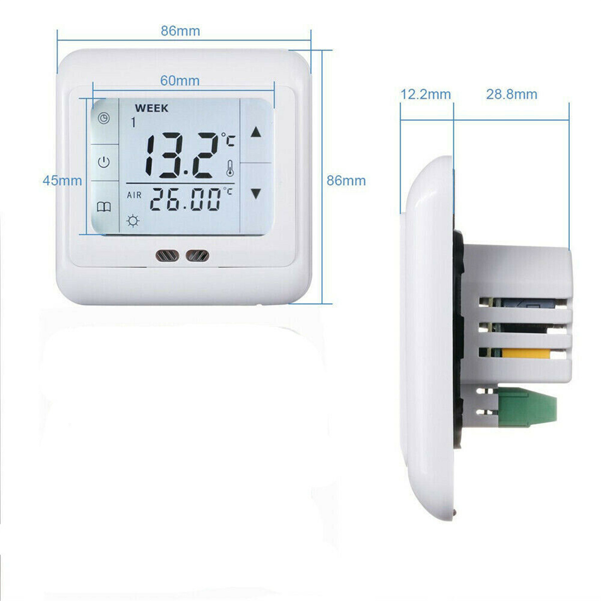 Weißes Thermostat mit Digitalanzeige, die Temperatur und Einstellungen anzeigt. Abmessungen sind in mm angegeben.
