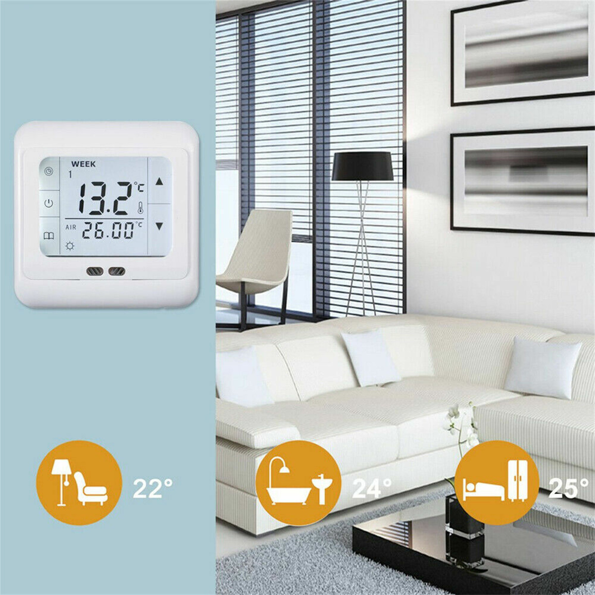 Ein weißes Thermostat, das Temperaturmesswerte anzeigt. Sofa, Lampe und Bett Symbole zeigen entsprechende Temperaturen.