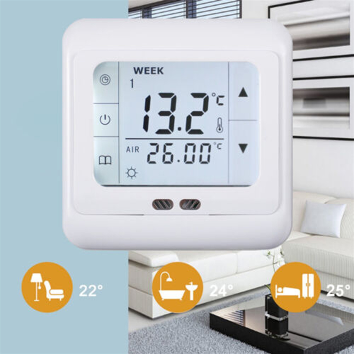 Ein weißer Thermostat mit Digitalanzeige, die Temperatur anzeigt, mit Symbolen und einer Hintergrundszene.