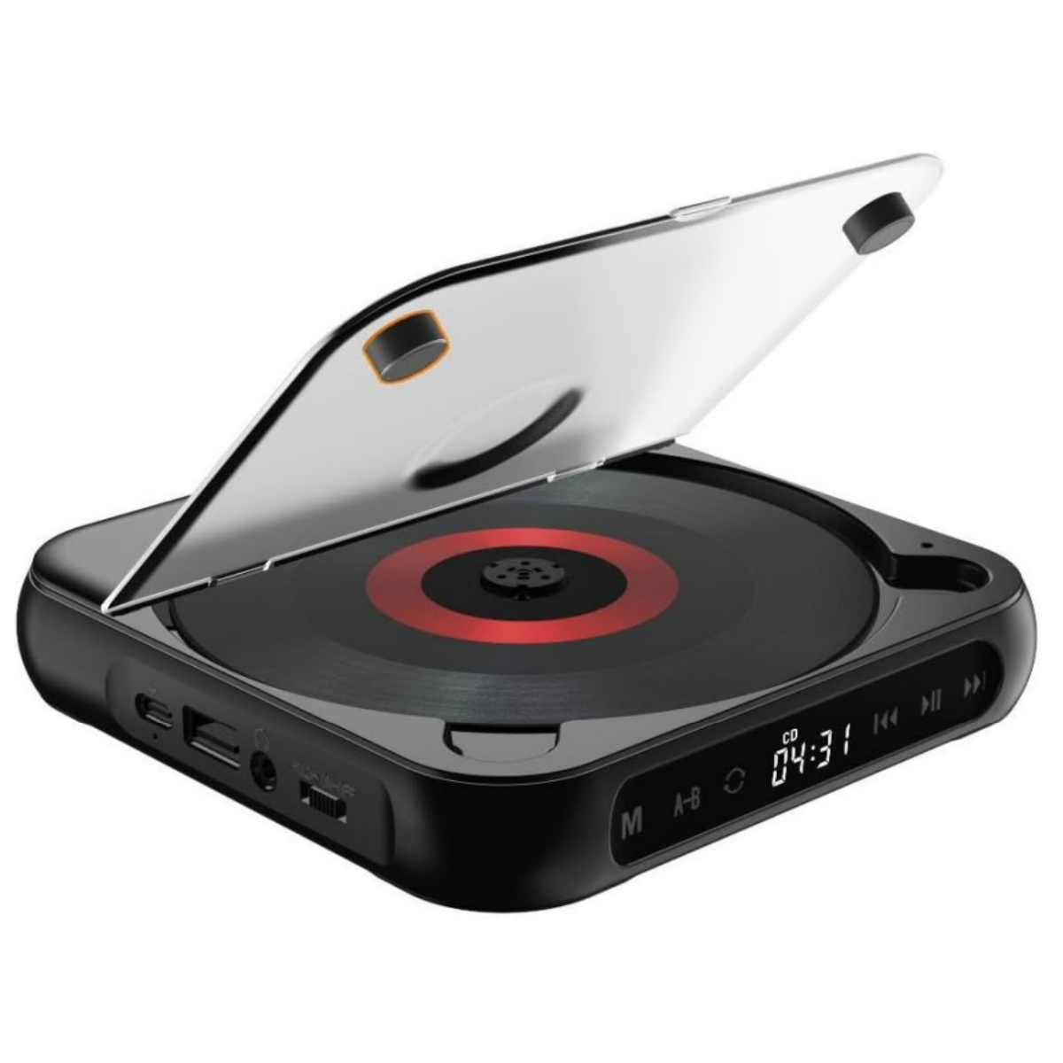Ein schwarzer CD-Player mit offenem Deckel, der die CD im Inneren zeigt. Der Player hat Knöpfe und ein Display.