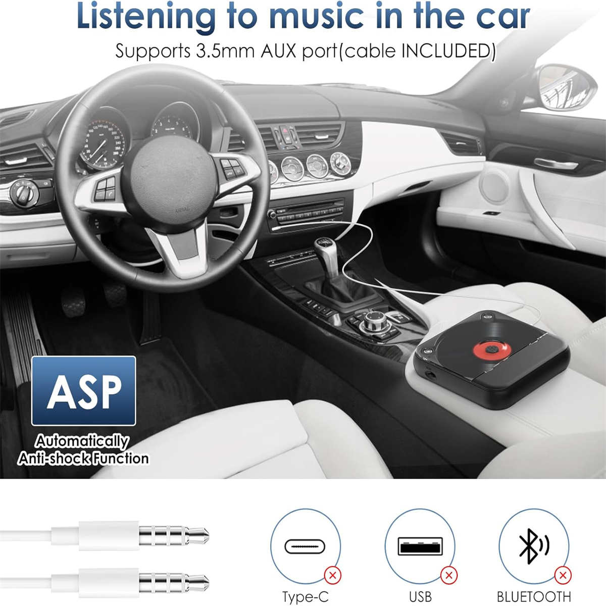 Ein Auto-Innenraum mit Musik-Player, Aux-Kabeln und Bluetooth-Symbolen. Armaturenbrett und Sitze sind sichtbar.
