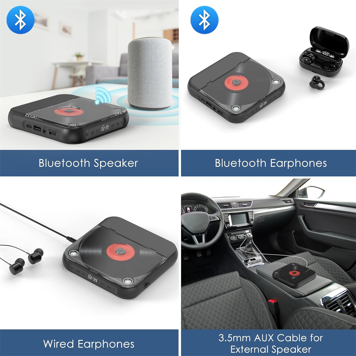 Mehrere Szenen zeigen einen Bluetooth-Lautsprecher und Kopfhörer. Der Lautsprecher ist schwarz, die Kopfhörer sind schwarz.
