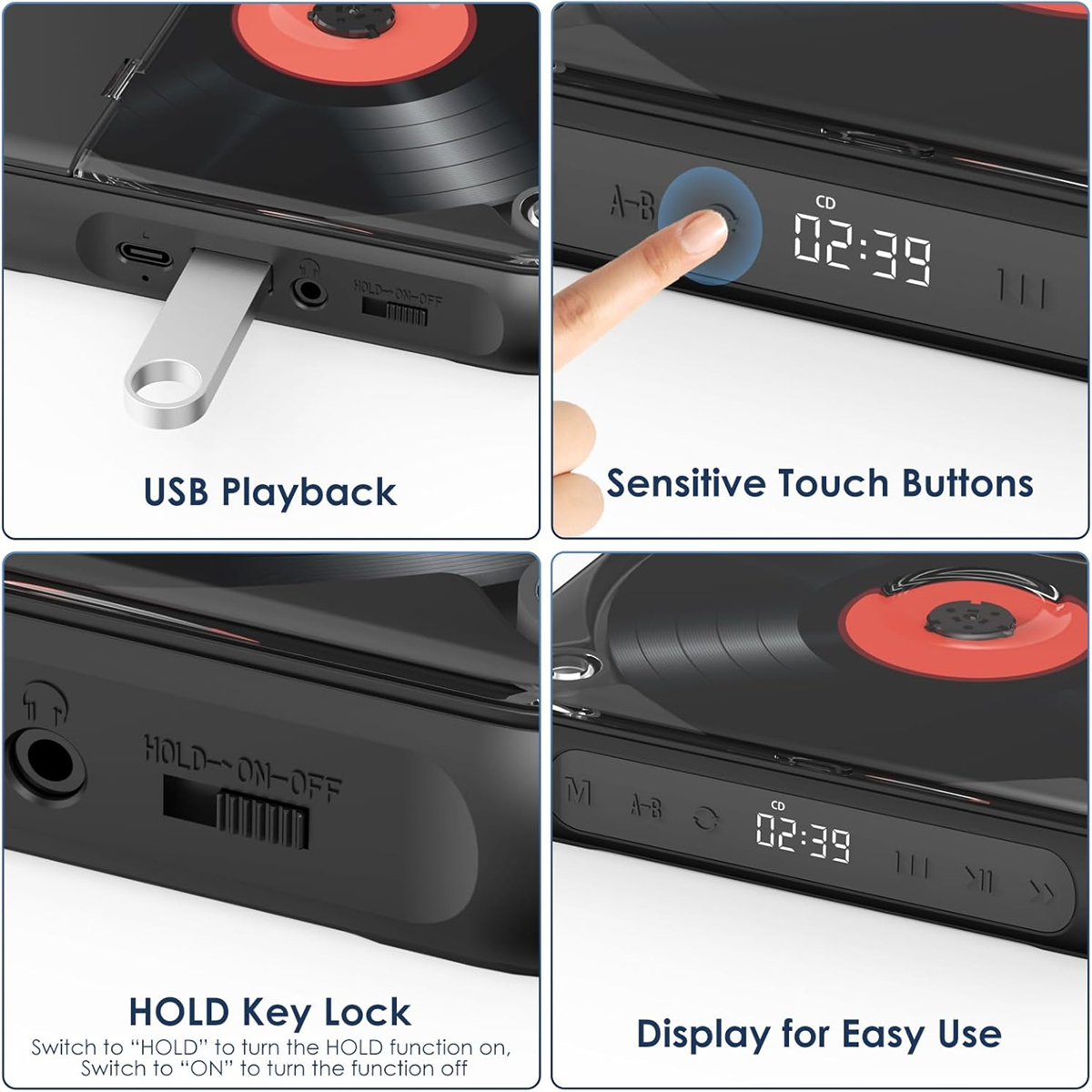 Vier Bilder, die einen schwarzen CD-Player mit USB-Wiedergabe, Touch-Tasten, einem Schlüsselschloss und einem Display zeigen.