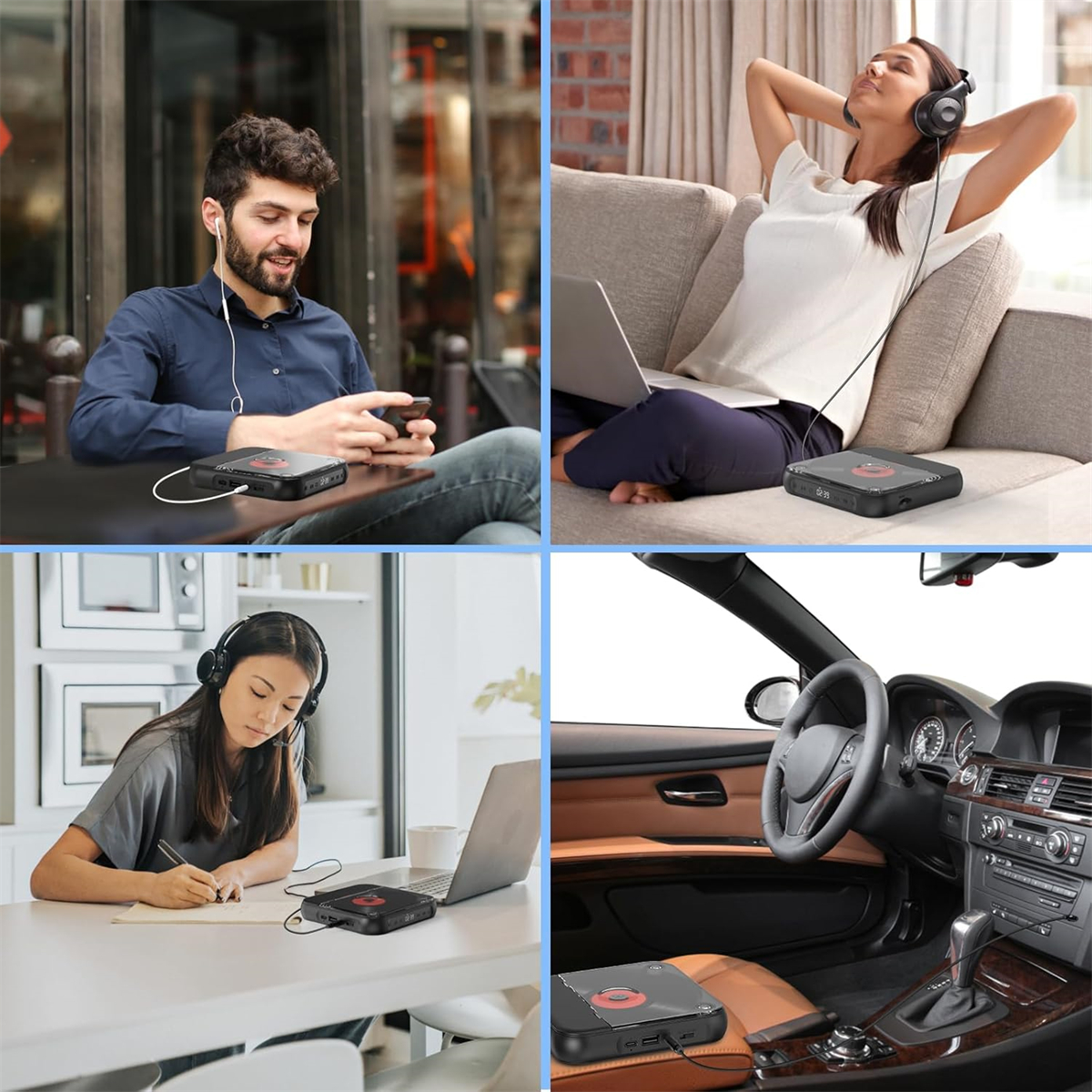Vier Szenen, die zeigen, wie Menschen Bluetooth-Kopfhörer und -Lautsprecher verwenden. Sie befinden sich drinnen und draußen.