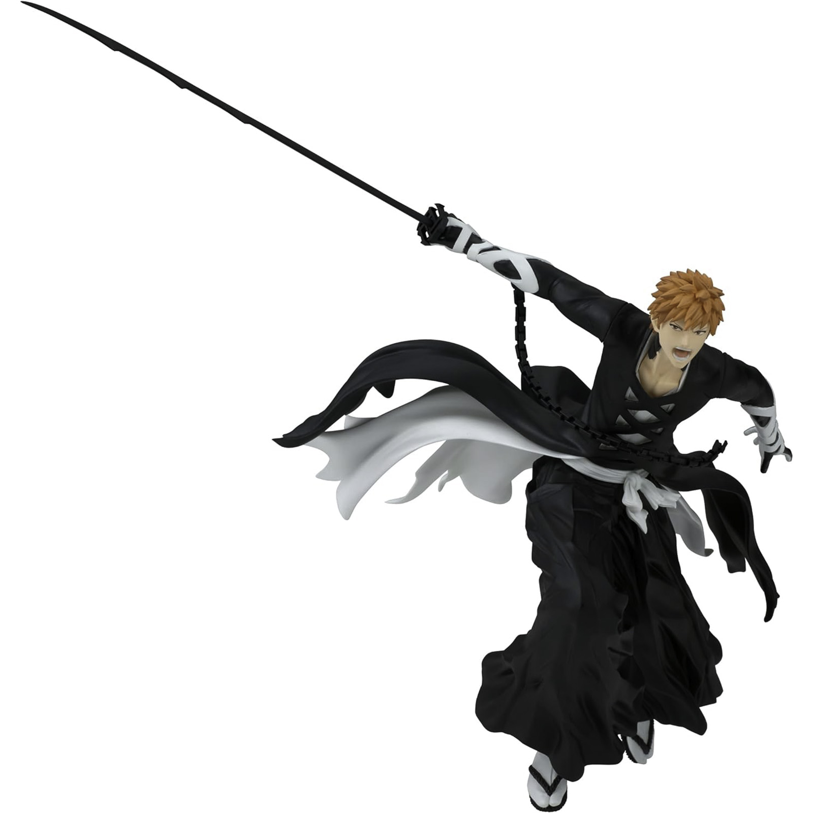 Eine Manga-Figur mit einem langen, schwarzen Schwert und einer orangehaarigen Figur in schwarzer Kleidung.
