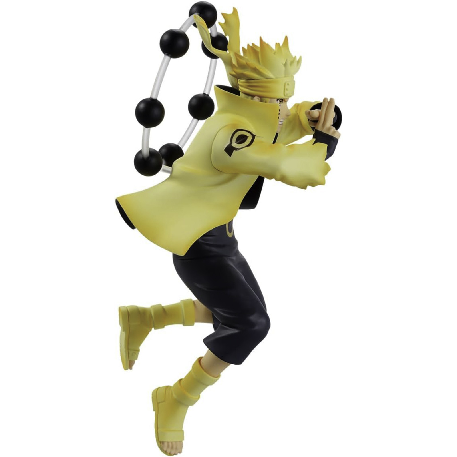 Figura de anime de Naruto con traje amarillo, pose de salto en el aire.