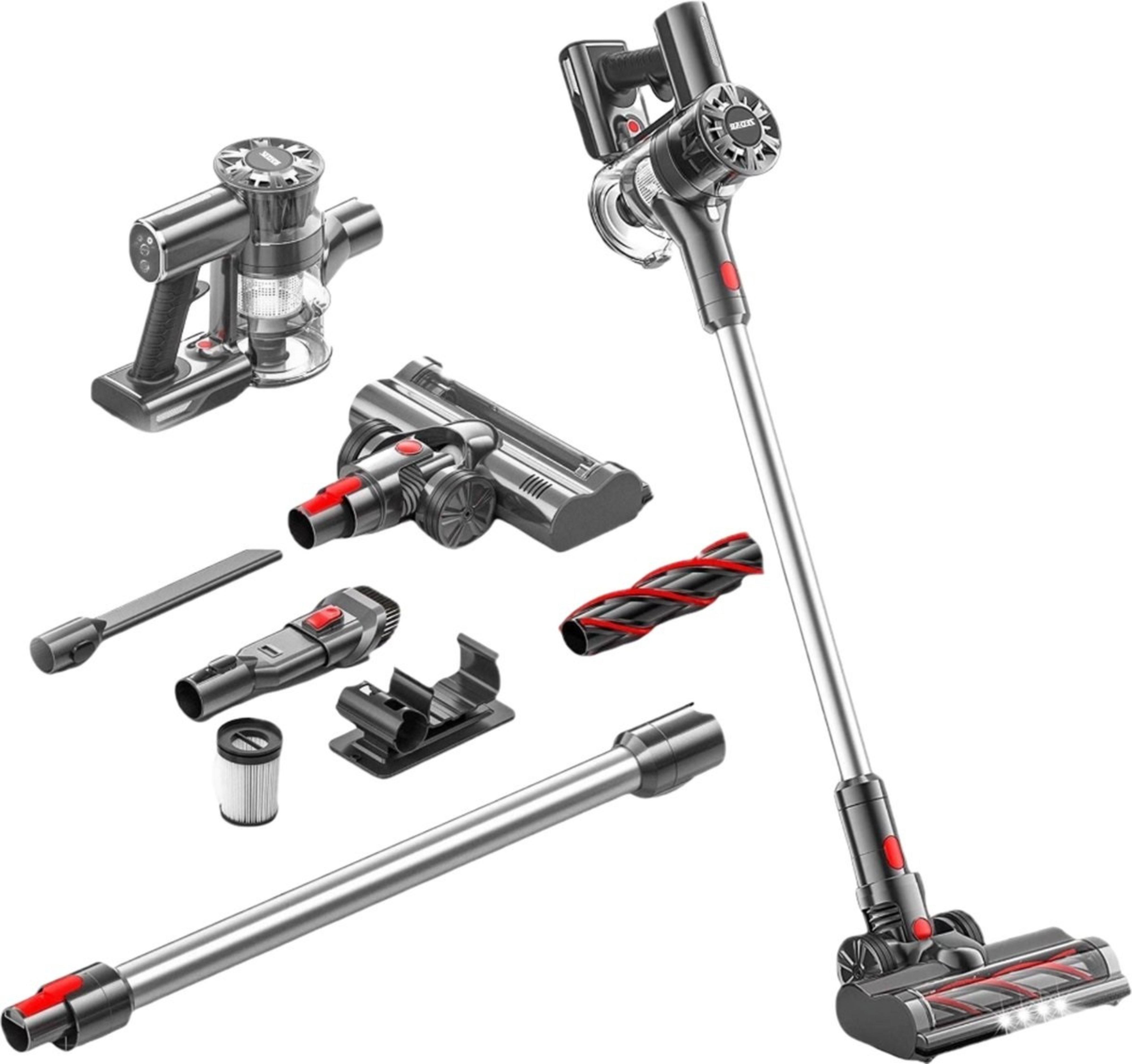 Kabelloser Staubsauger, zerlegte Komponenten und montierte Einheit. Schwarz-Silber-Farbschema, modernes Design.