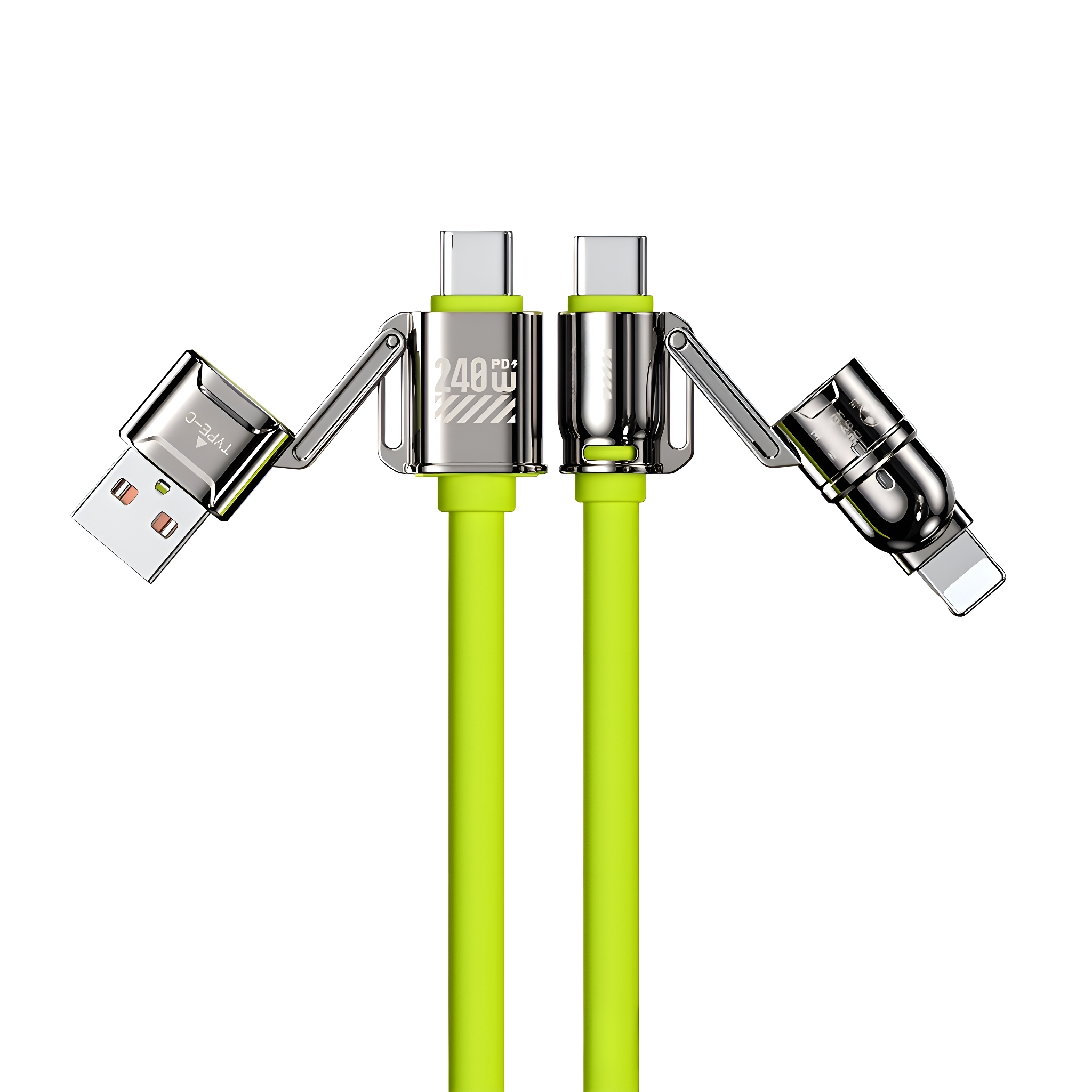 Ein limettengrünes USB-C-Kabel mit mehreren Anschlüssen auf weißem Hintergrund.