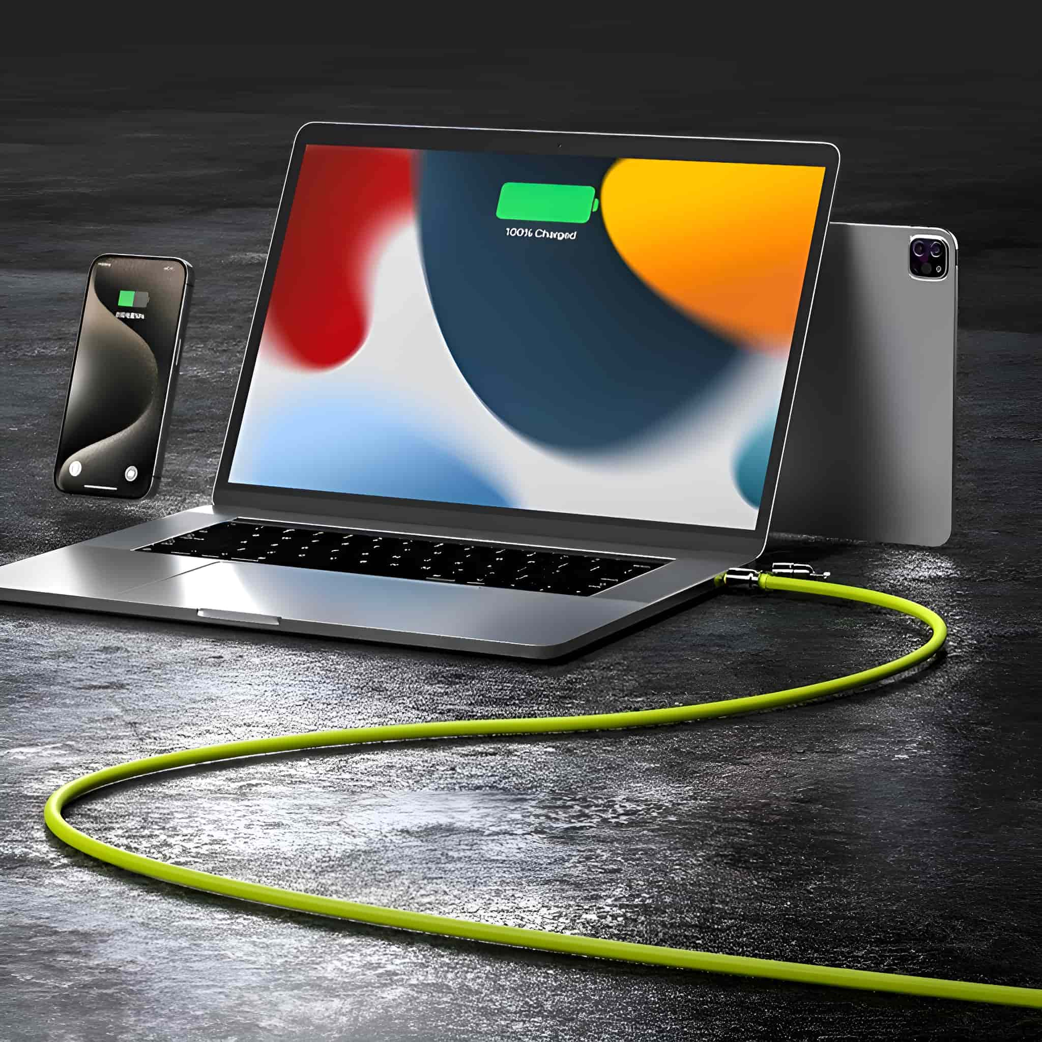Laptop mit Ladekabel, das mit Telefon und Tablet verbunden ist, alles auf dunkler Oberfläche.