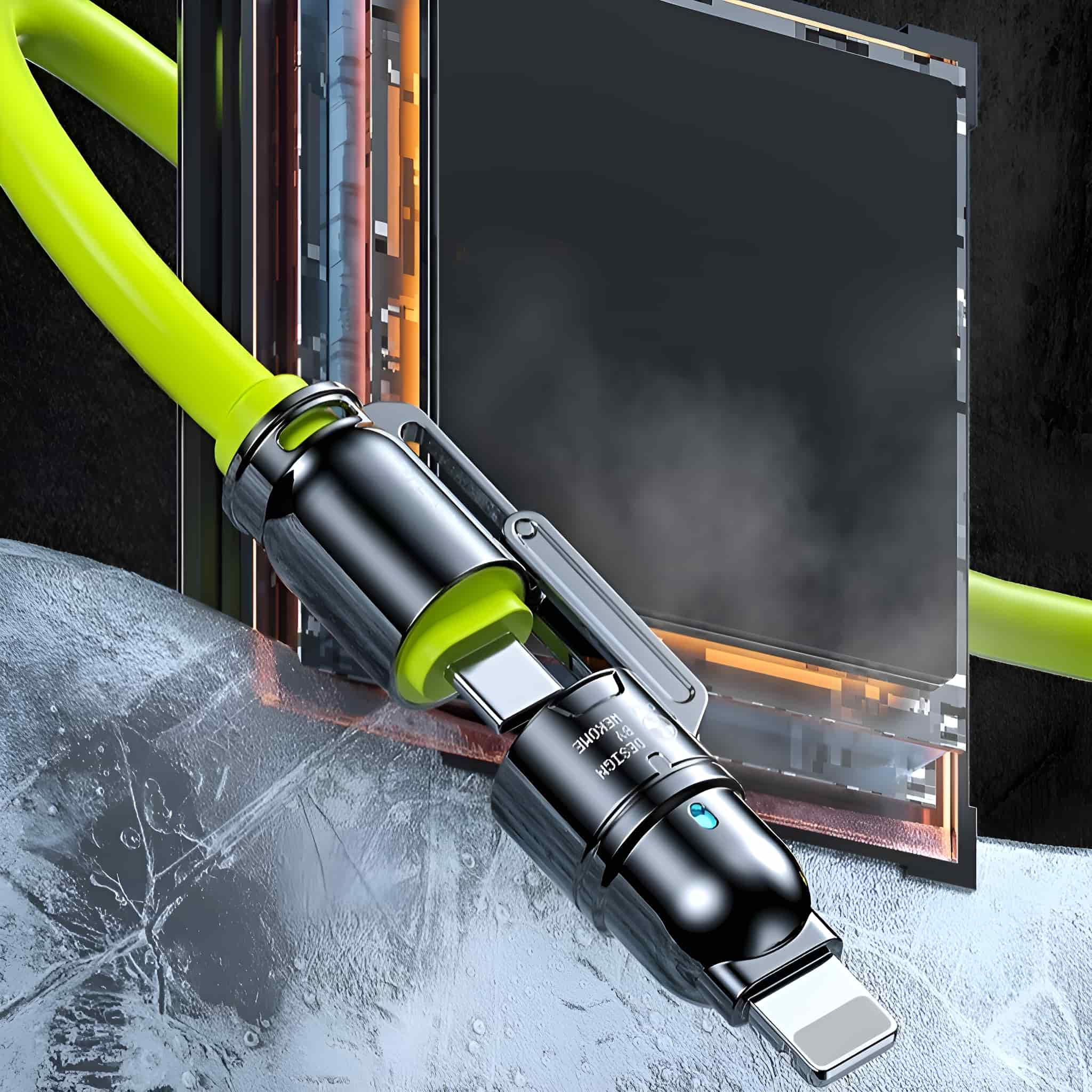 Ein grünes und silbernes Ladekabel mit Lightning-Anschluss.