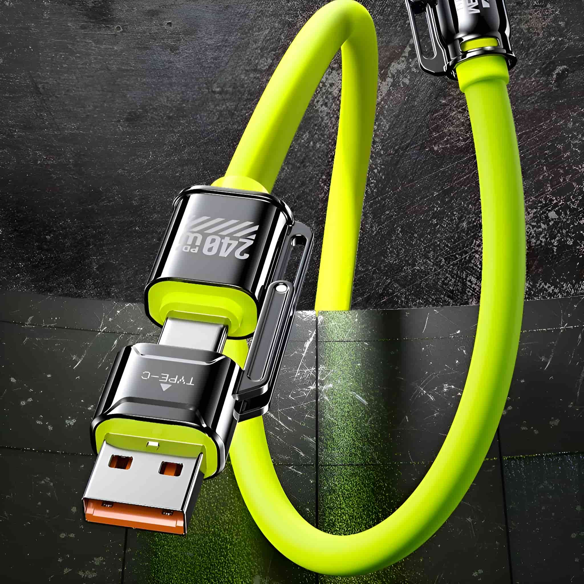 Ein gelbes USB-C-Ladekabel mit einem schwarz-silbernen Stecker. Das Kabel ist aufgerollt.