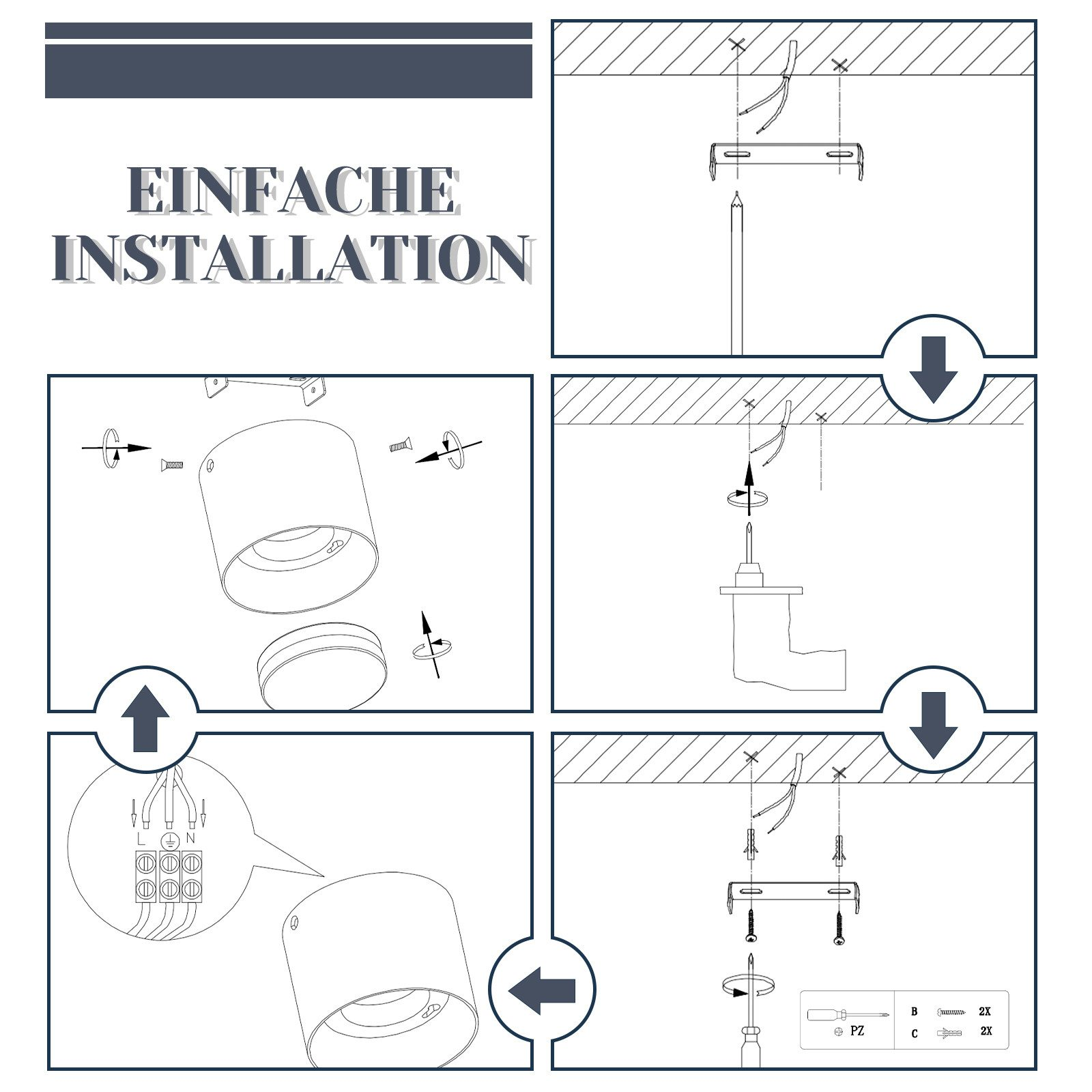 Guida all'installazione semplificata con diagrammi. Passaggi mostrati con frecce e istruzioni semplici.