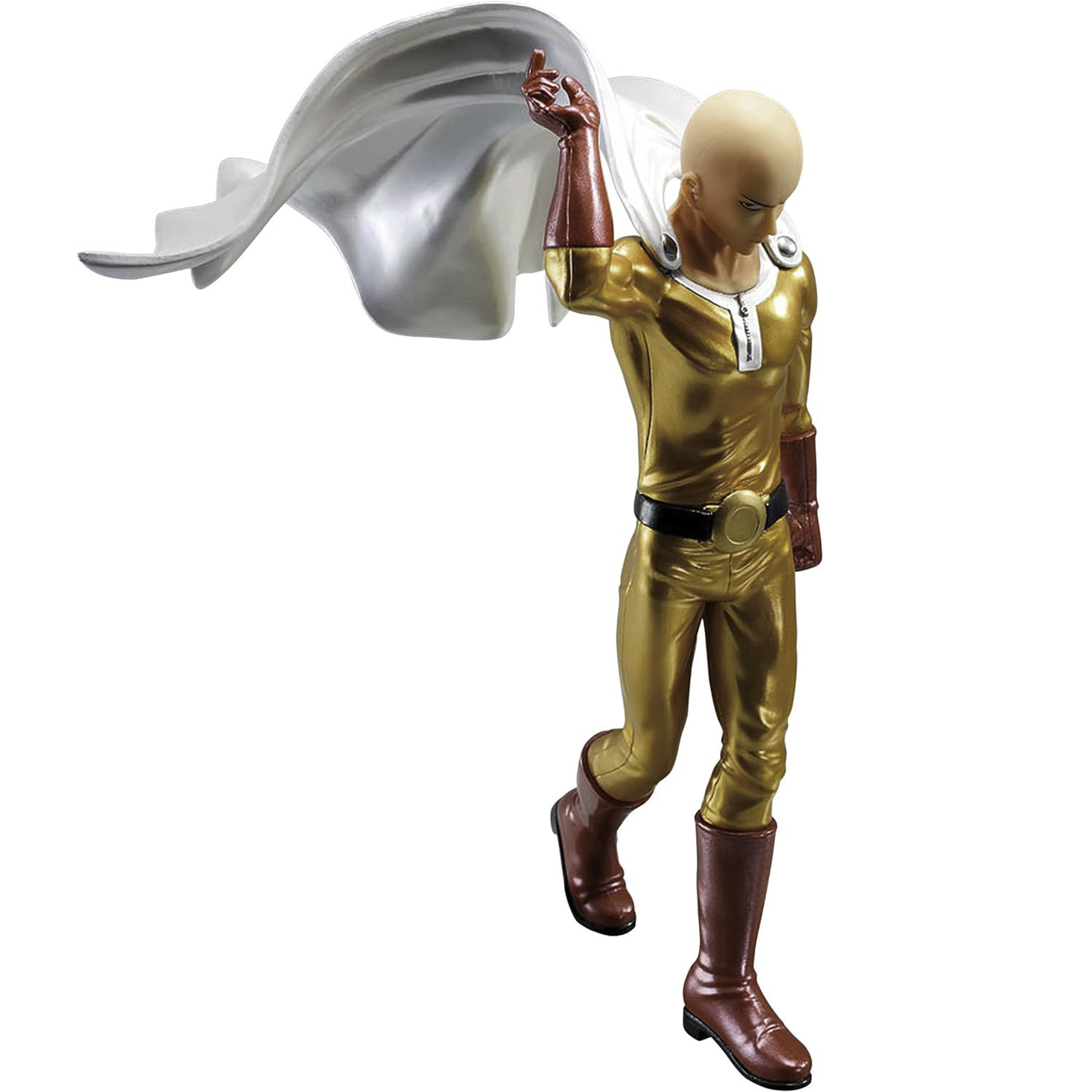 One Punch Man Figur in goldenem Anzug und weißem Umhang. Er ist glatzköpfig und geht.