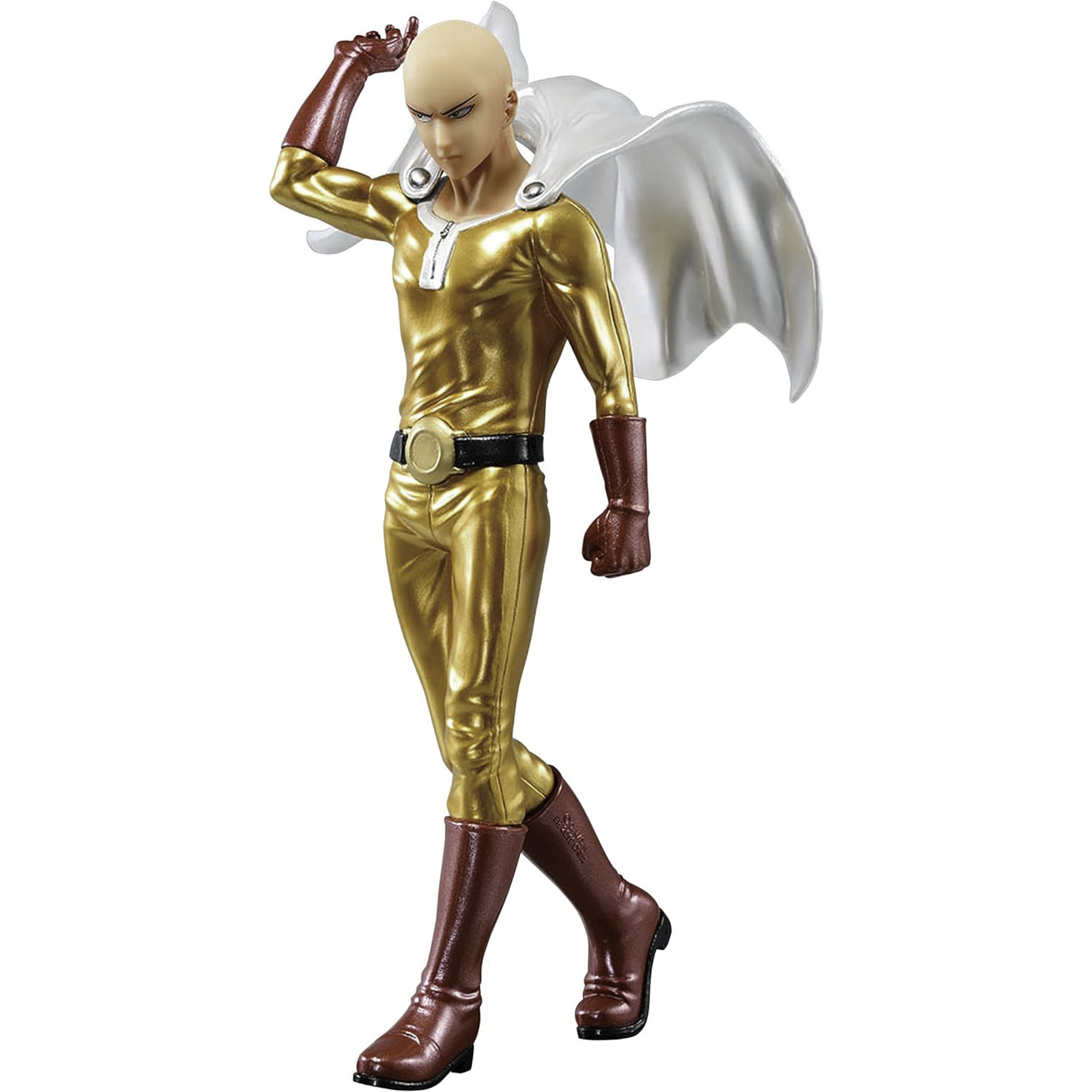 Ein kahler, goldfarbener Anime-Charakter mit einem weißen Umhang posiert.