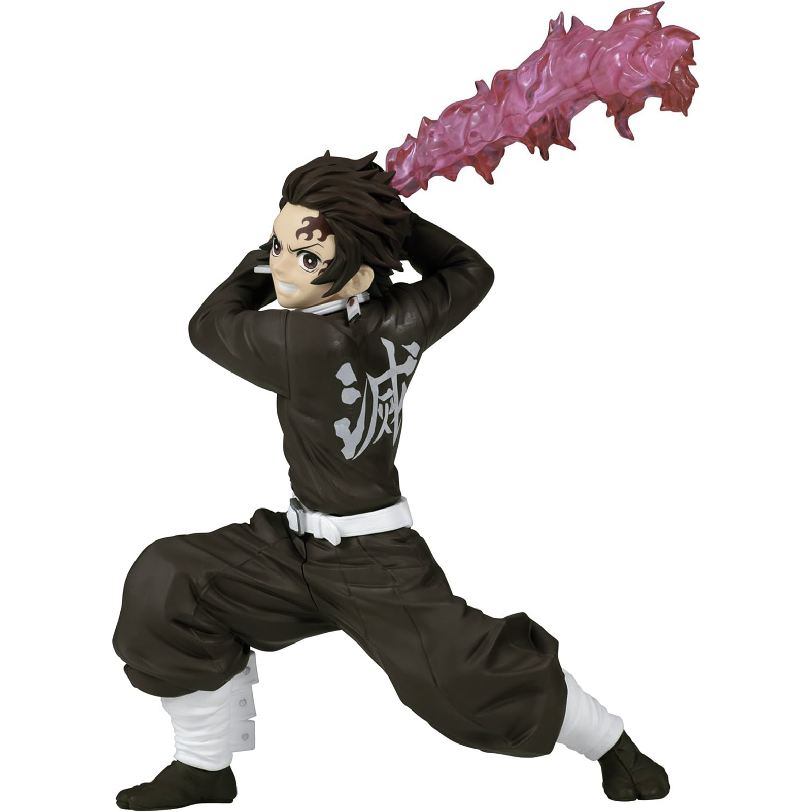 Tanjiro-Figur in Kampfpose, mit pinkfarbener Energieklinge. Er trägt braune Kleidung.