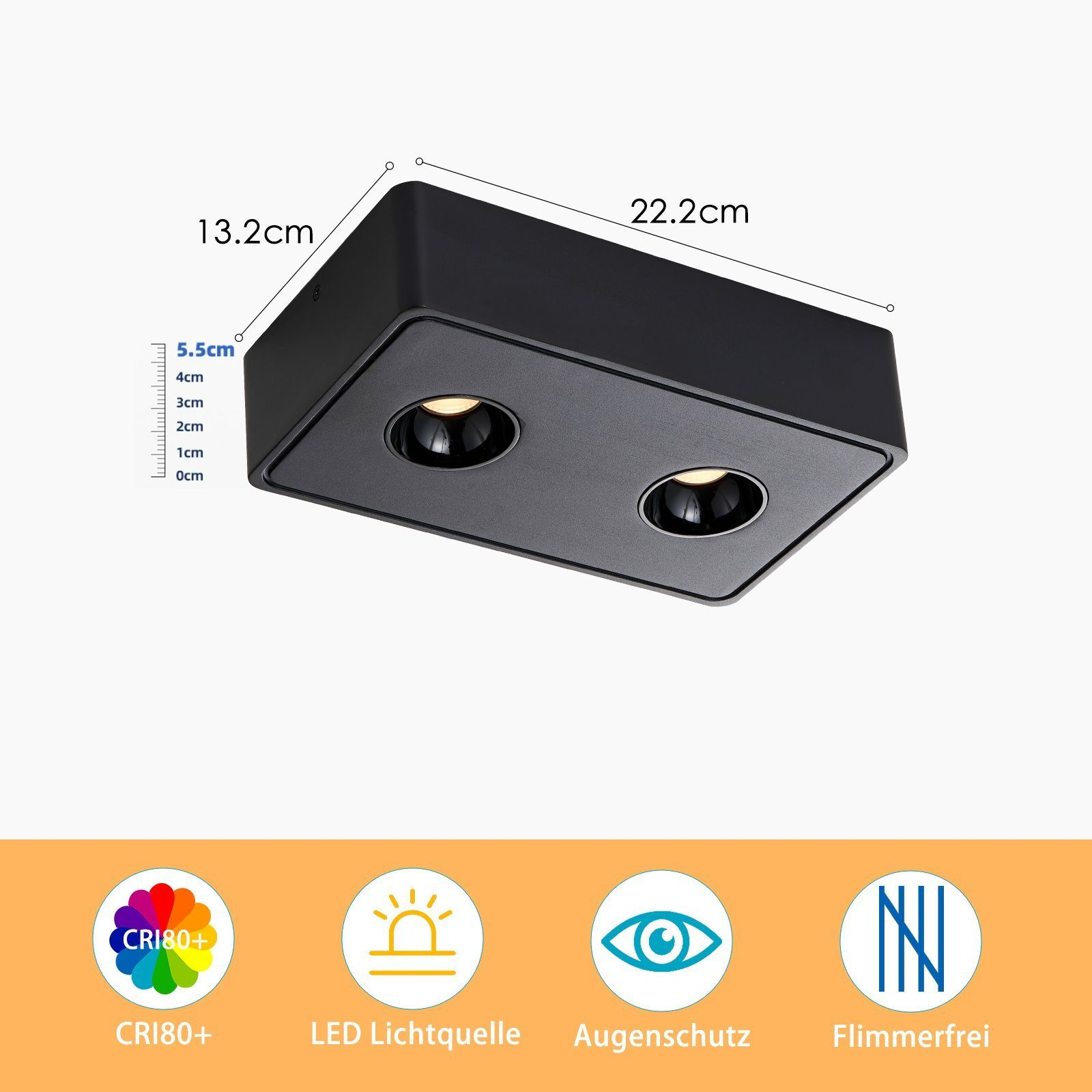 Luce LED rettangolare nera con due sorgenti luminose circolari. Le dimensioni sono 22,2 cm x 13,2 cm x 5,5 cm.