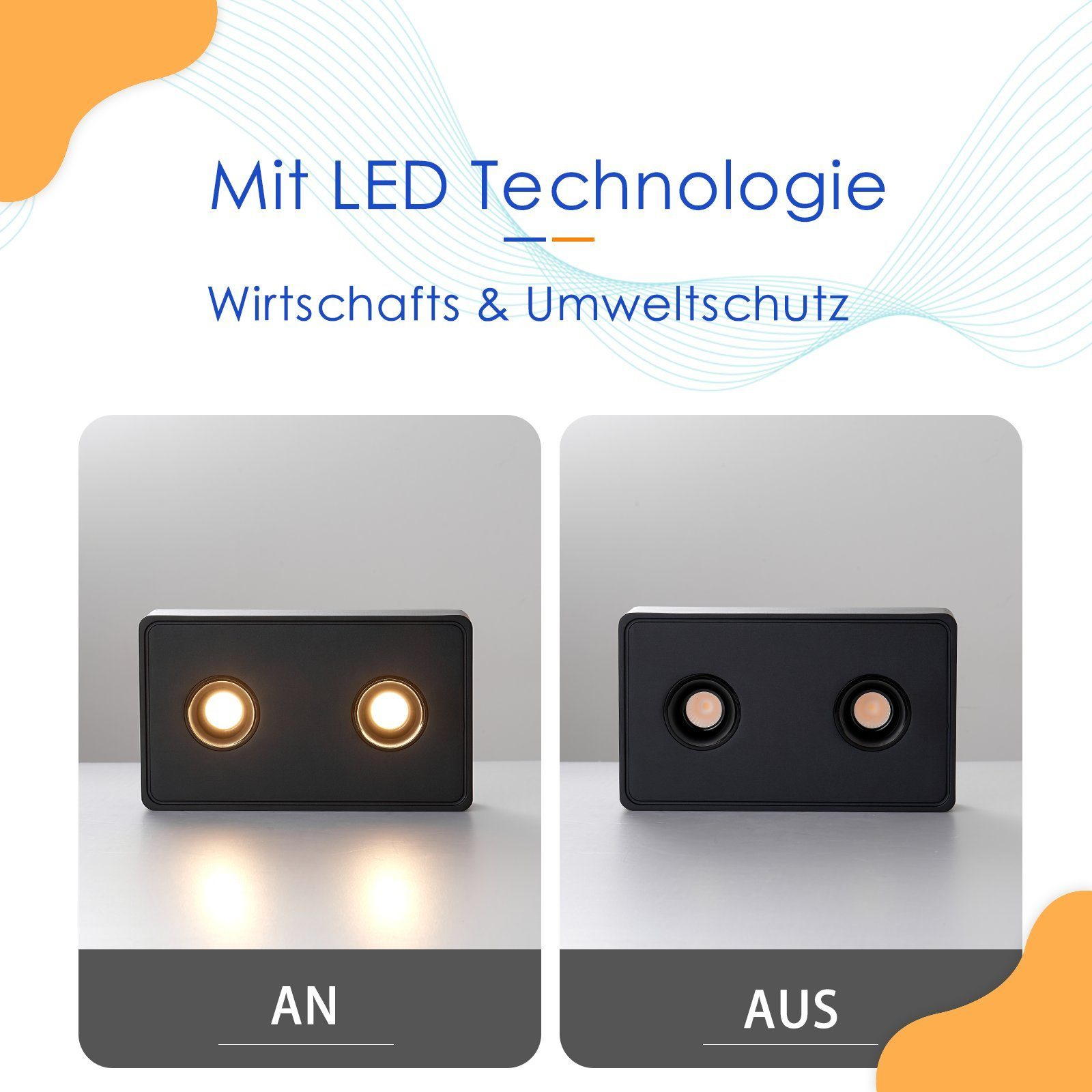 Due luci nere, accese e spente. Ognuna con due sorgenti luminose. Testo: tecnologia LED, economica.
