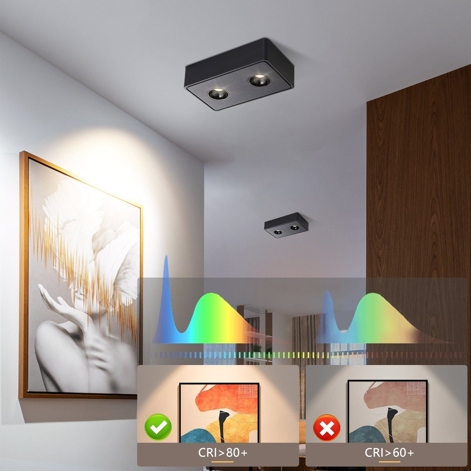 Faretti a soffitto. Uno è acceso, mostra luce intensa. Un altro è spento.