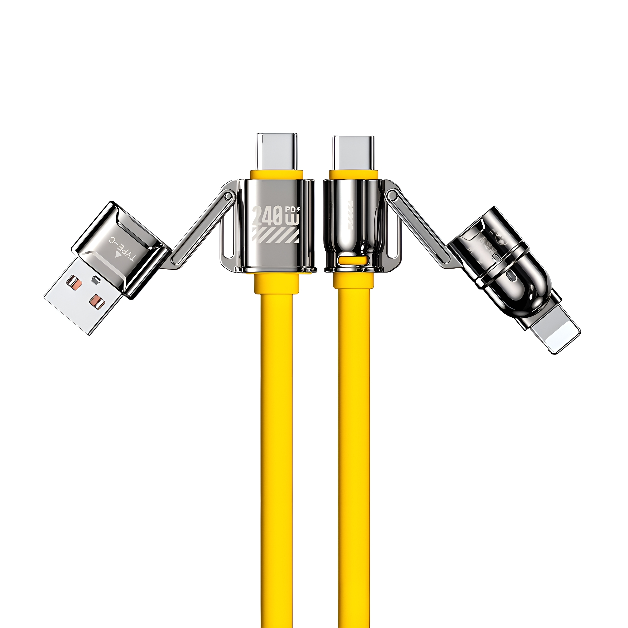 Gelbe USB-C-auf-USB-C- und USB-A-Kabel mit silbernen Anschlüssen.