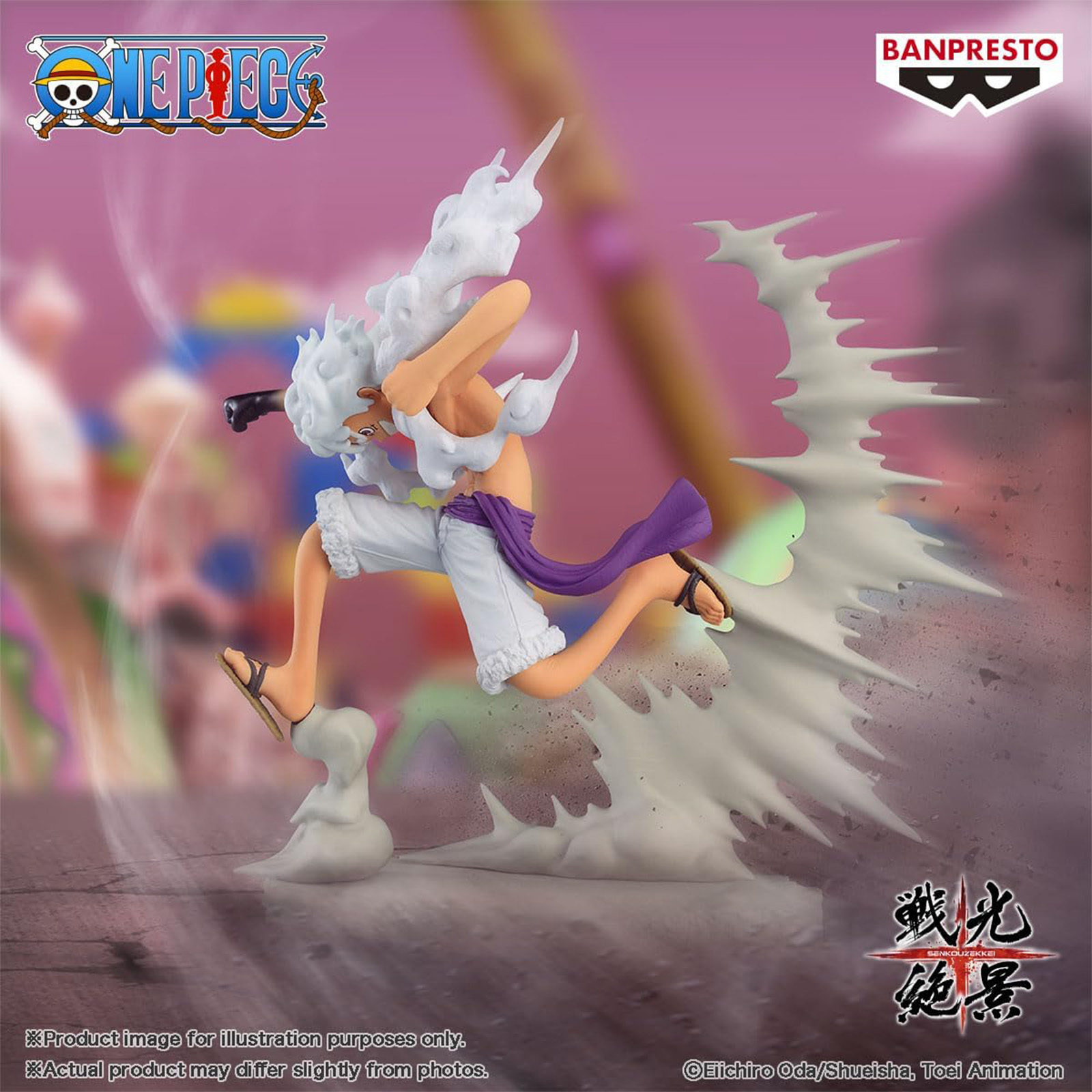 One Piece-Figur in Action-Pose, weißer Rauch und lila Schärpe, auf einer grauen Oberfläche.