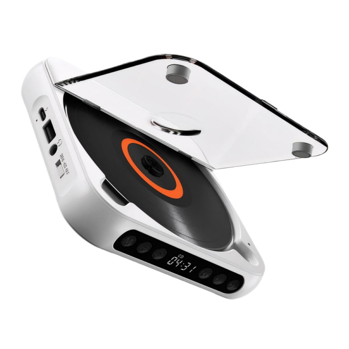 Ein weiß-grauer tragbarer CD-Player mit offenem transparentem Deckel, der eine CD zeigt.