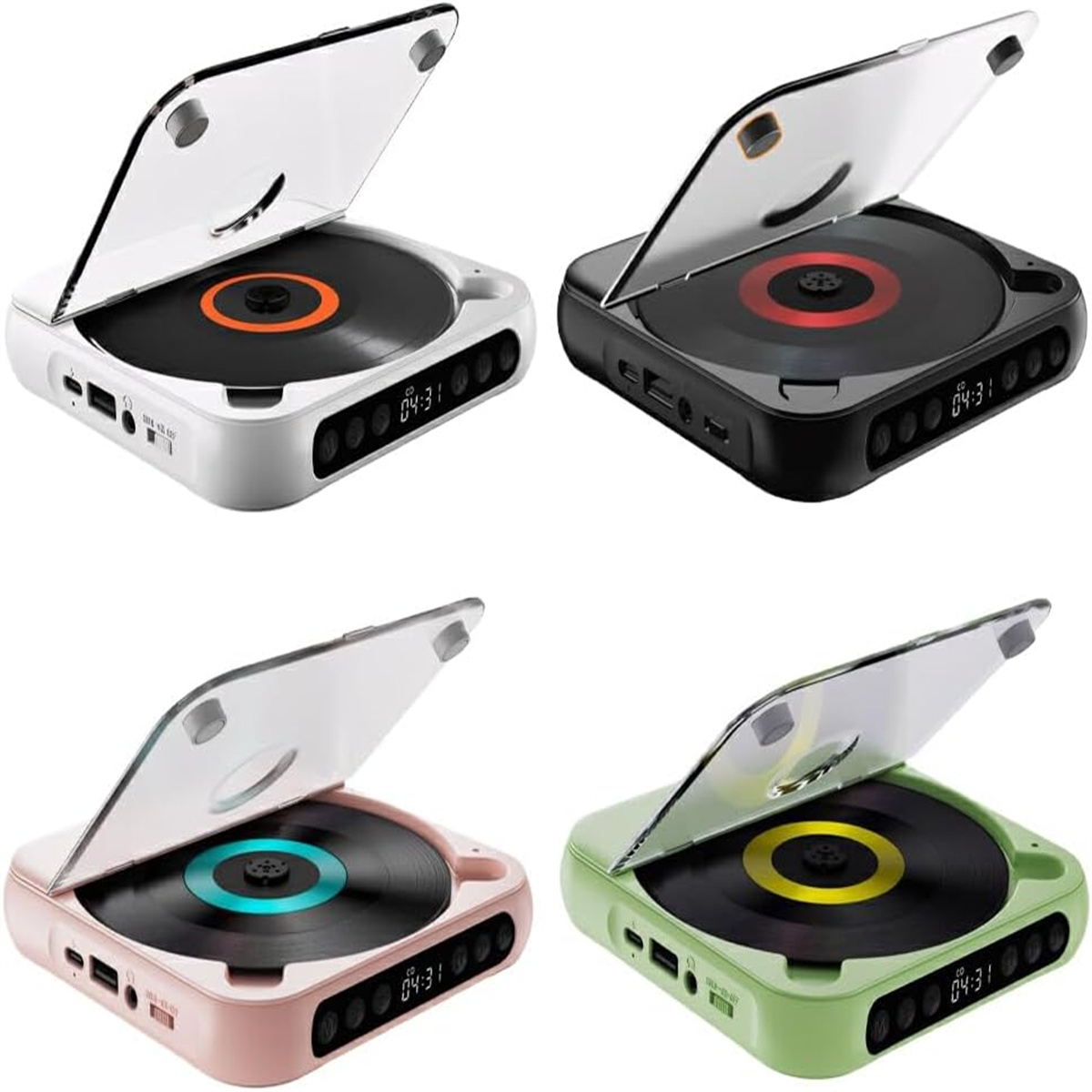 Vier tragbare CD-Player in verschiedenen Farben, Deckel offen, auf weißem Grund.