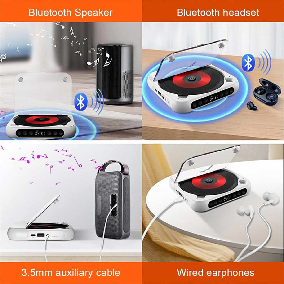 Bilder eines Bluetooth-Lautsprechers und eines Bluetooth-Headsets, die das Produkt und seine Funktionen zeigen.