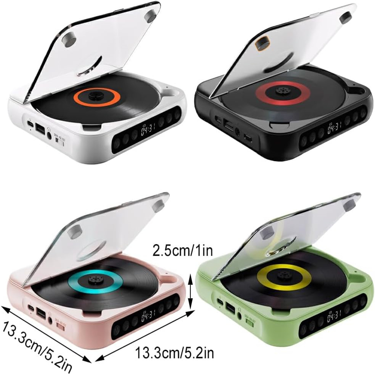 Vier tragbare CD-Player in verschiedenen Farben werden gezeigt, die die oberen und seitlichen Abmessungen anzeigen.