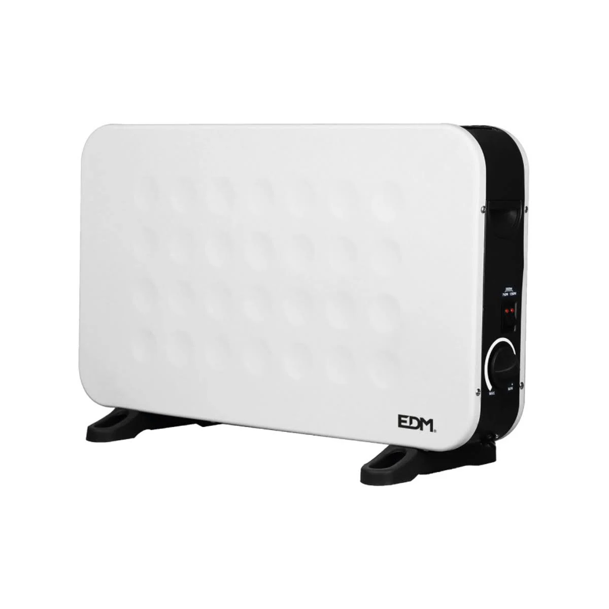 Calentador eléctrico blanco con detalles negros, base negra y controles laterales.