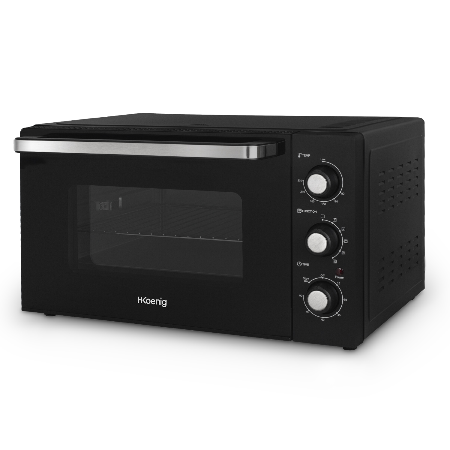 Forno HKoenig nero, vista frontale, con manopole di controllo, porta in vetro e maniglia metallica.