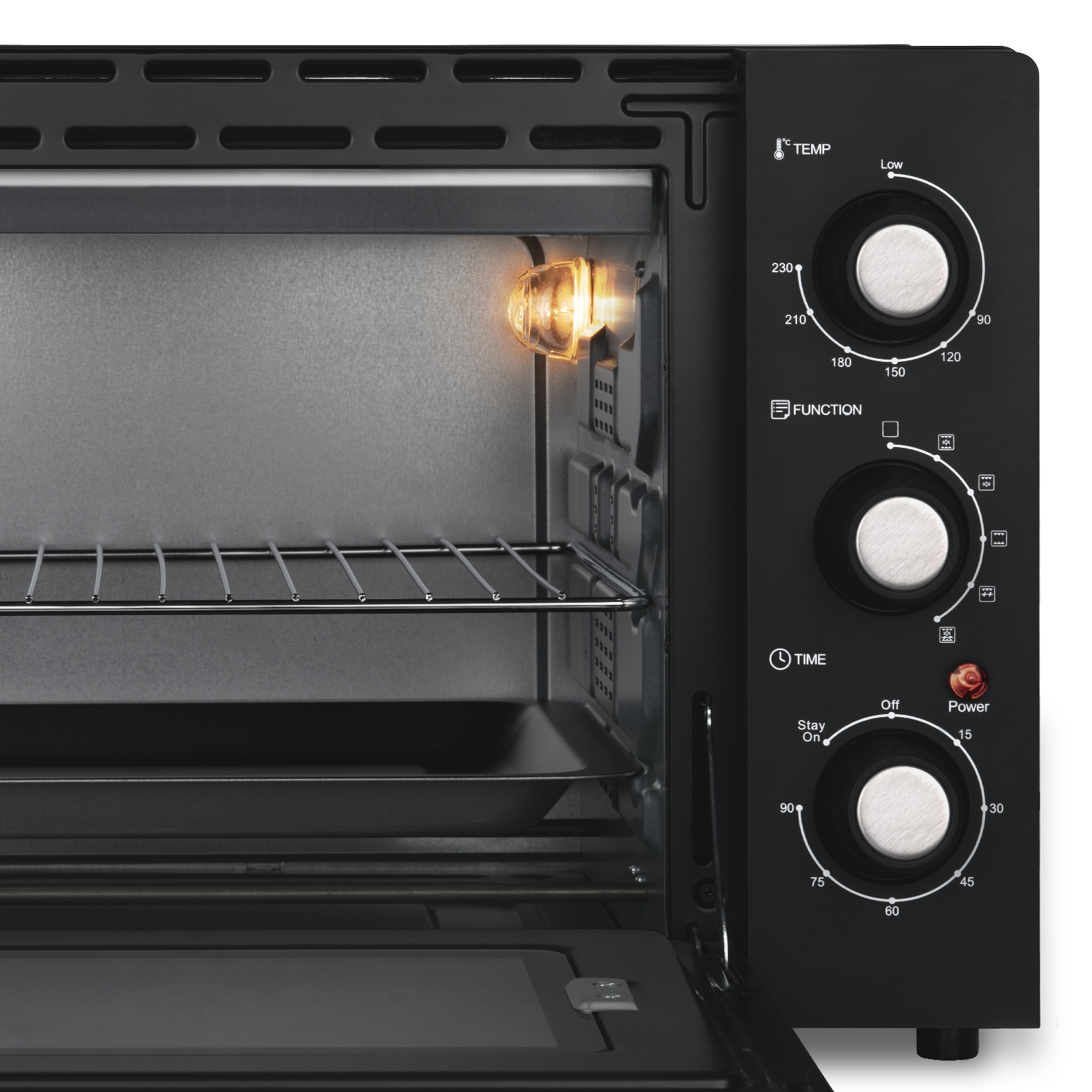 Interno di un mini forno nero. La porta è aperta e la luce è accesa, illuminando l'interno.