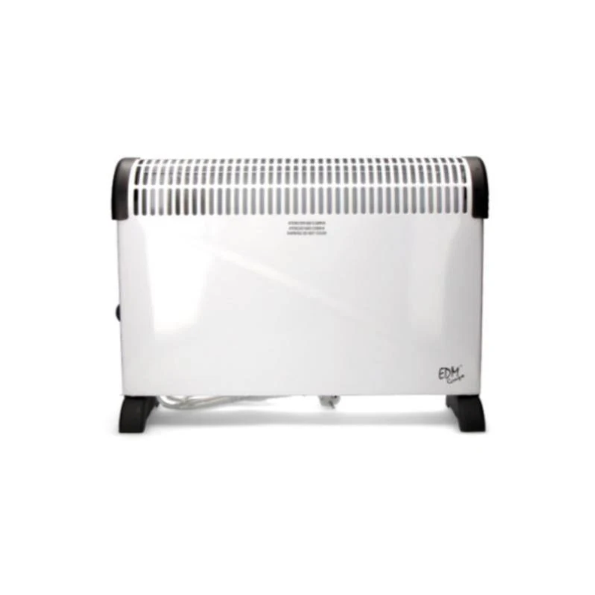 Un calefactor eléctrico blanco con detalles negros. Tiene una rejilla en la parte superior y un logotipo.