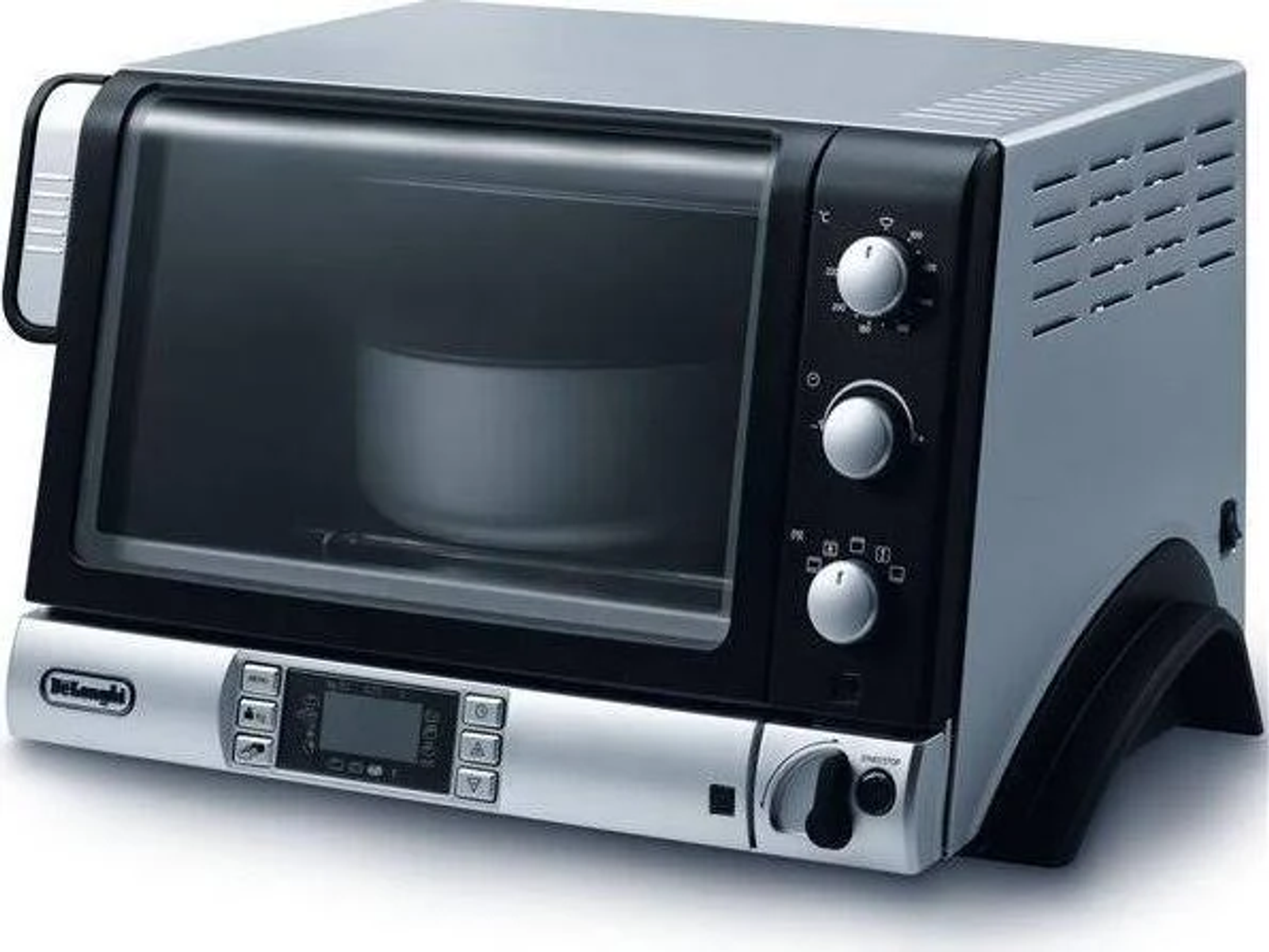 Silberner und schwarzer DeLonghi Toaster mit Drehreglern und Knöpfen.