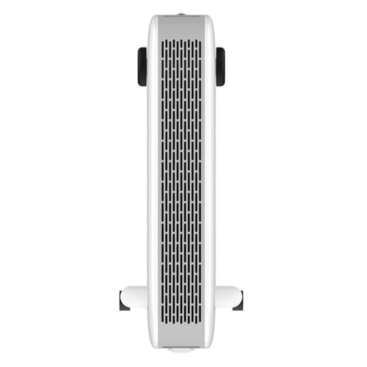 Termoventilatore elettrico bianco, vista dall'alto, con prese d'aria nere. Dettagli neri sulla parte superiore e sui lati.