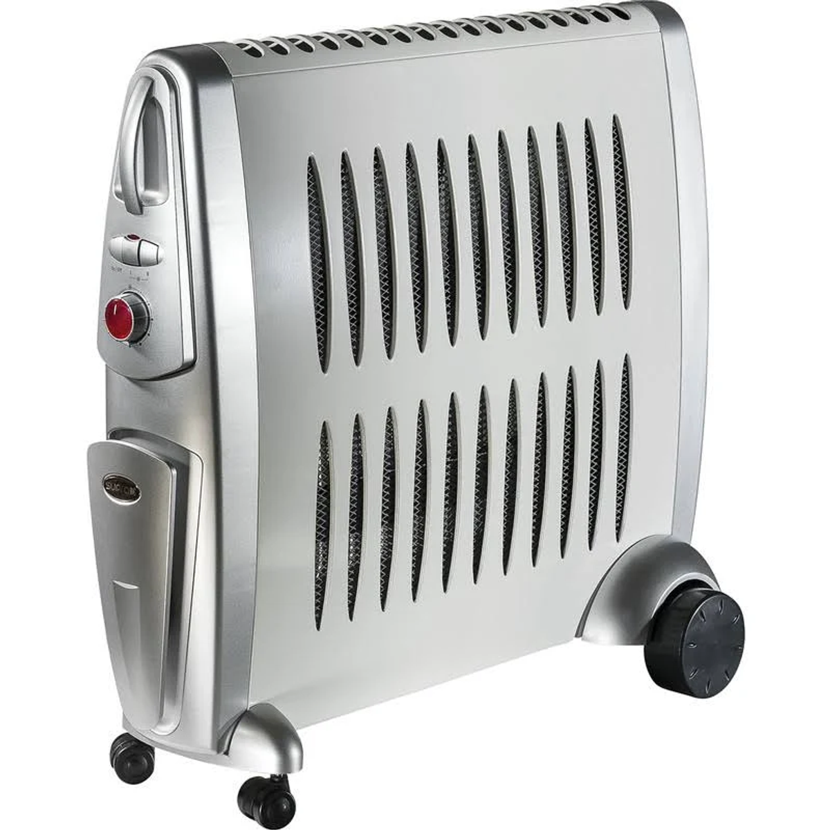 Radiatore elettrico argentato con ruote nere e pannello di controllo. Isolato su bianco.