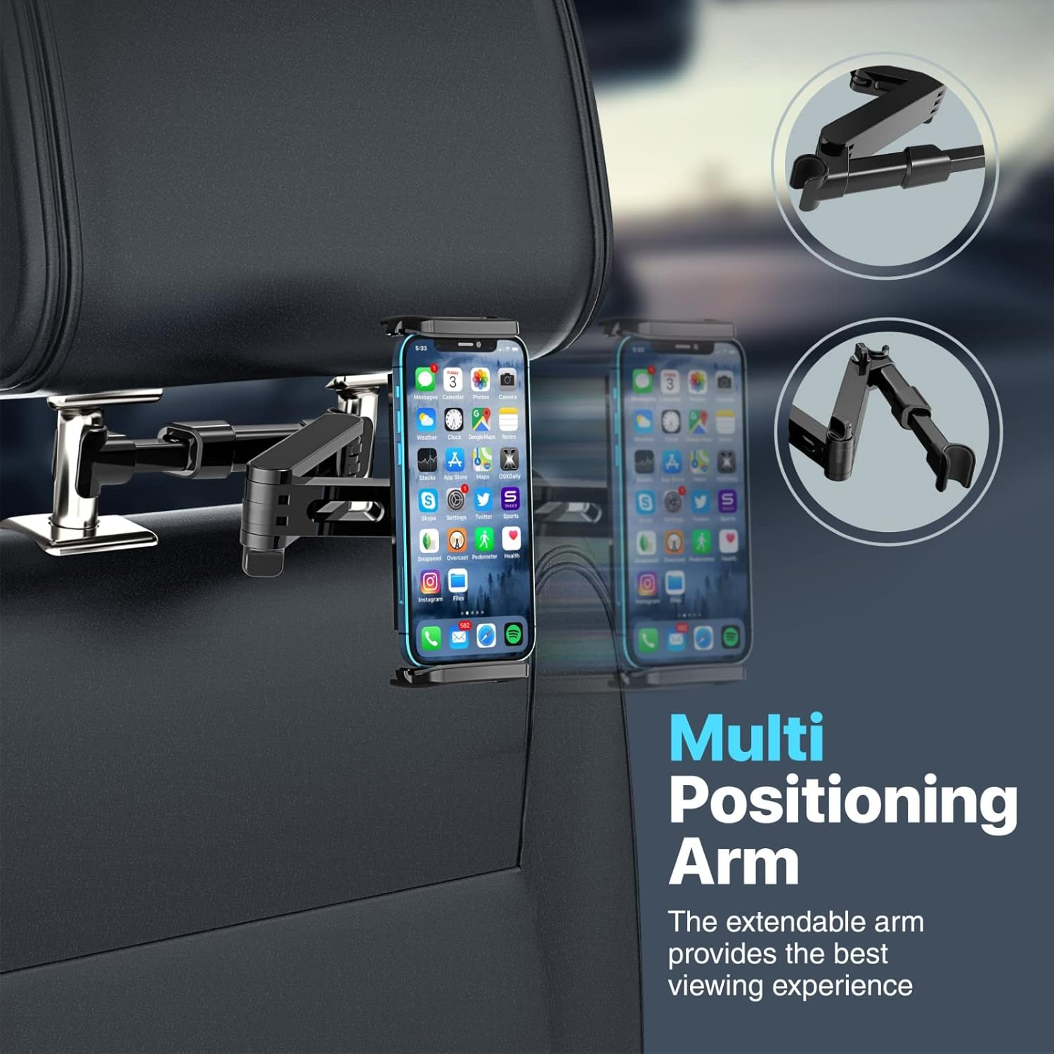 Soporte telefónico para reposacabezas de coche con teléfono y brazo, fondo azul.