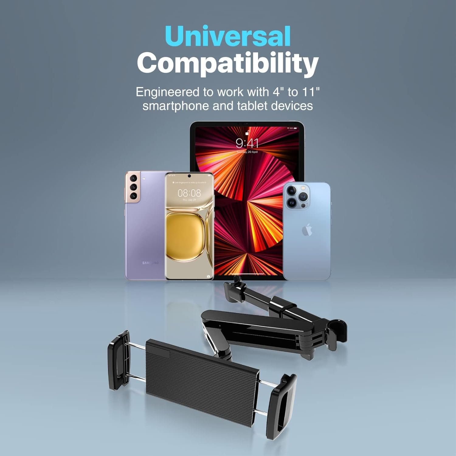 Imagen con teléfonos y soportes. El texto dice Compatibilidad Universal.