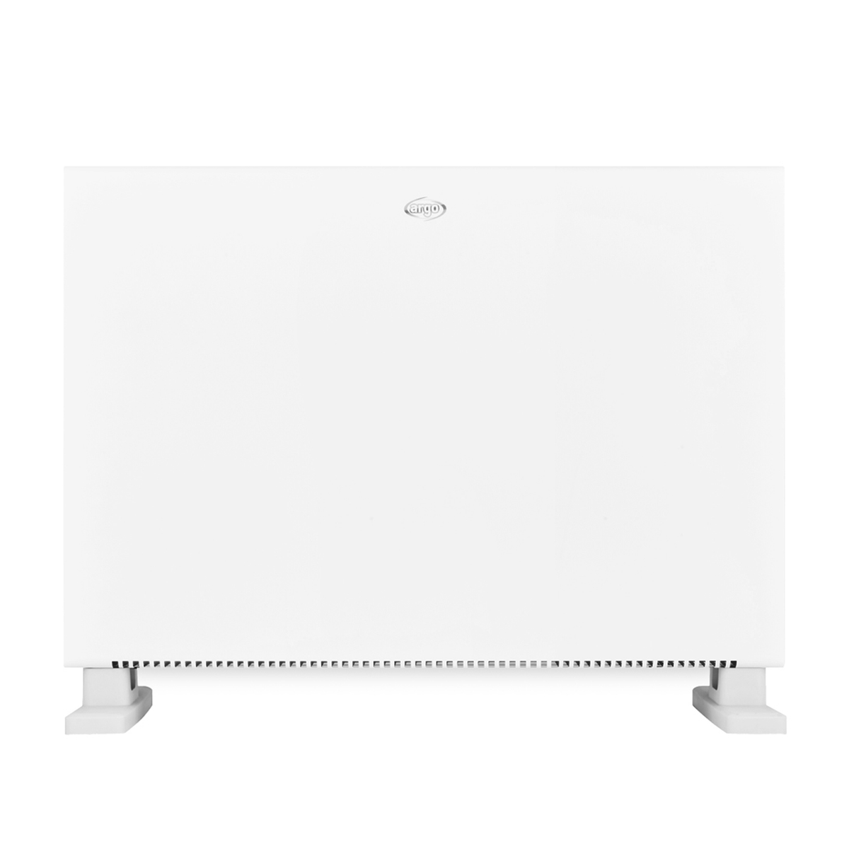 Biały prostokątny grzejnik elektryczny z logo ARGO. Białe tło.