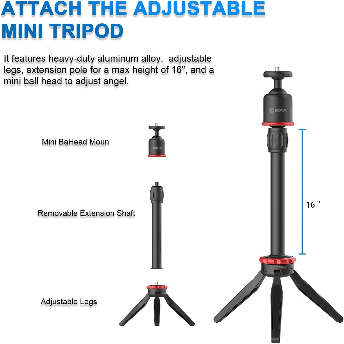 Mini treppiede con gambe regolabili, testa a sfera e asta di estensione, per un'altezza max di 16 pollici.