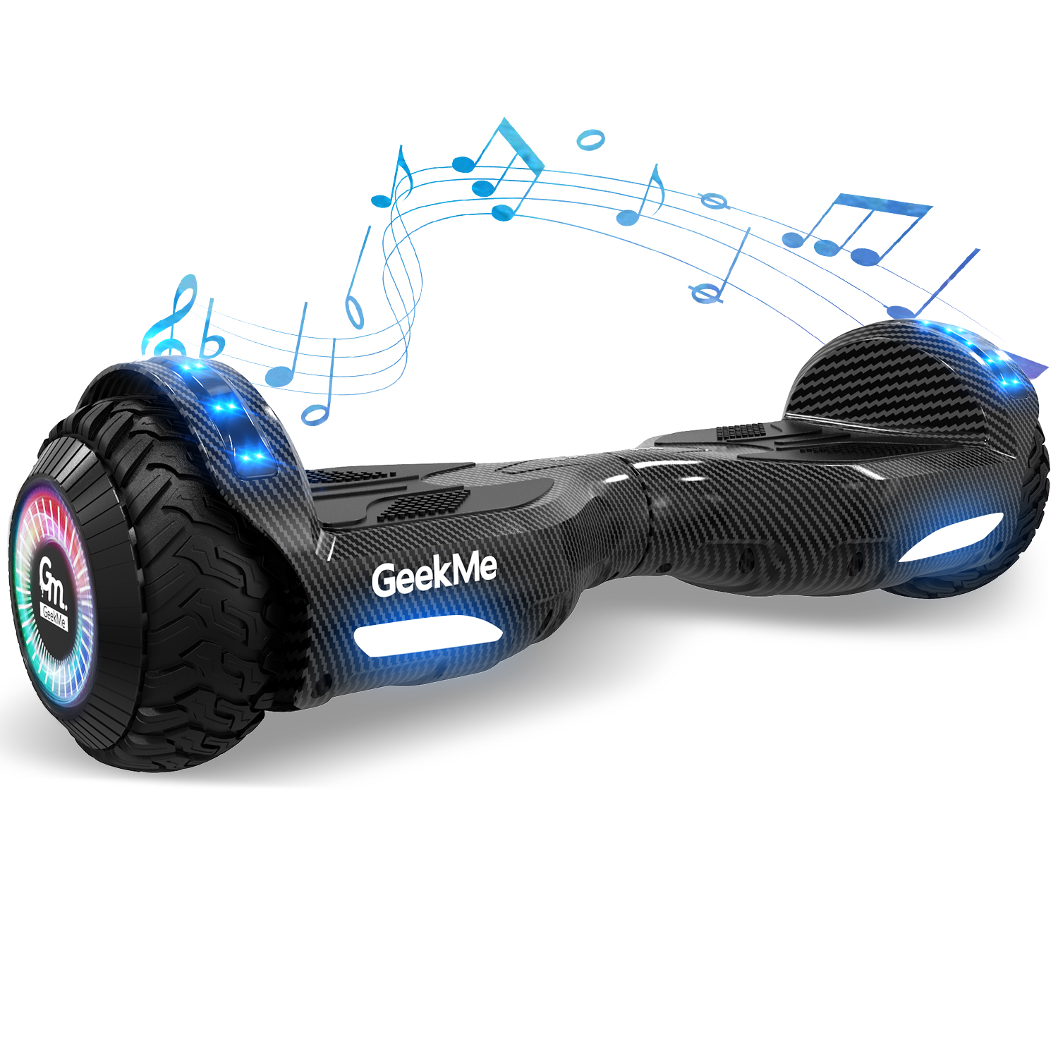 Un hoverboard nero e in fibra di carbonio con luci a LED, note musicali e logo GeekMe.