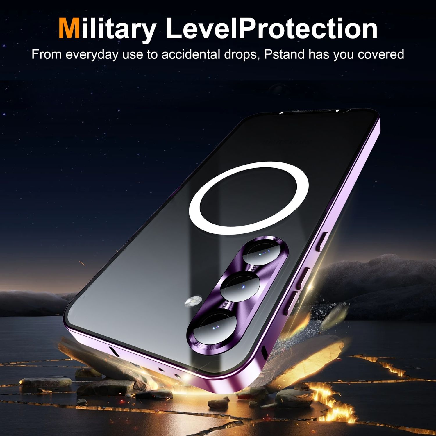 Una funda para teléfono con marco púrpura y cubierta protectora. La funda está sobre una superficie oscura y reflectante.
