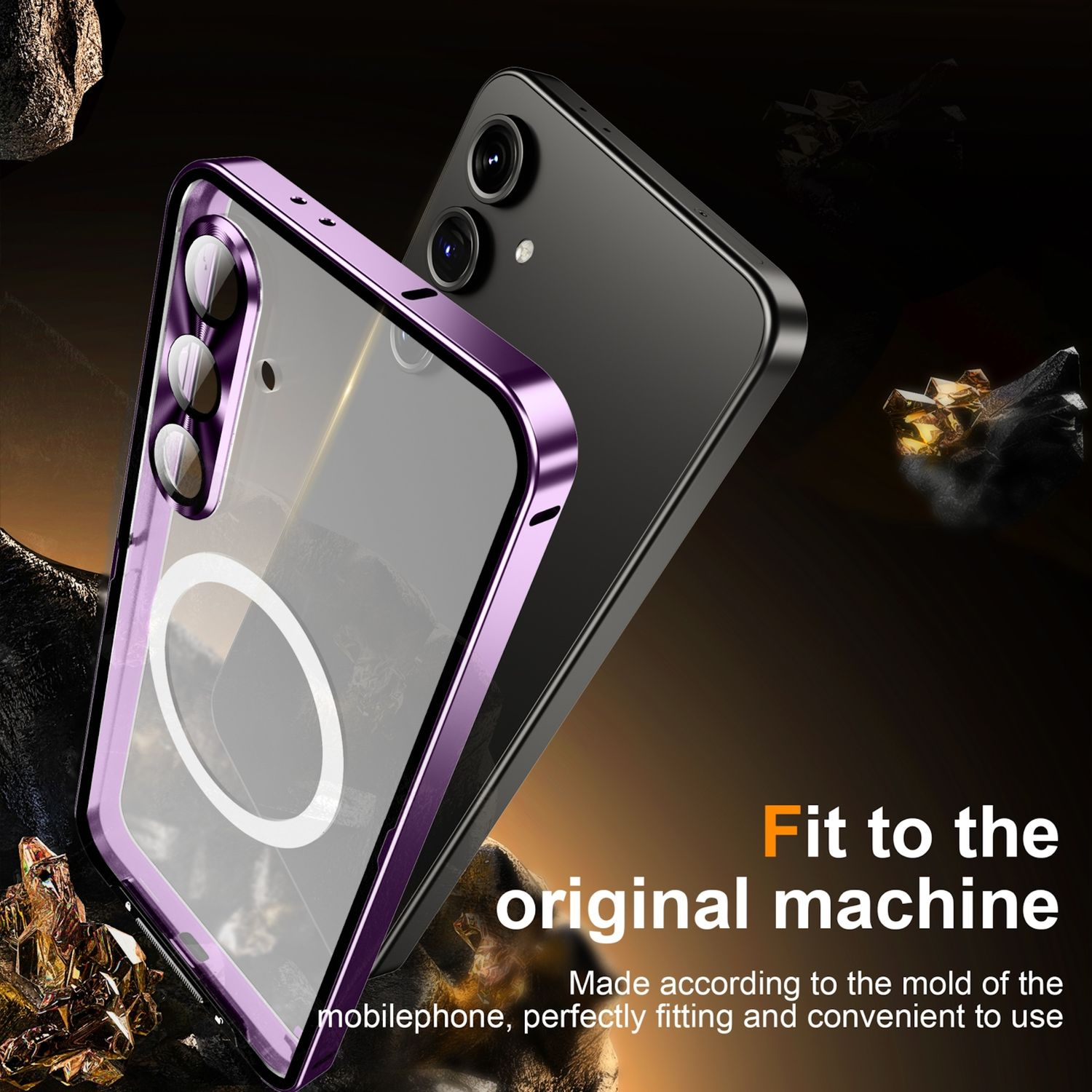 Una funda de teléfono morada con un teléfono negro dentro. Texto: "Ajuste al dispositivo original."