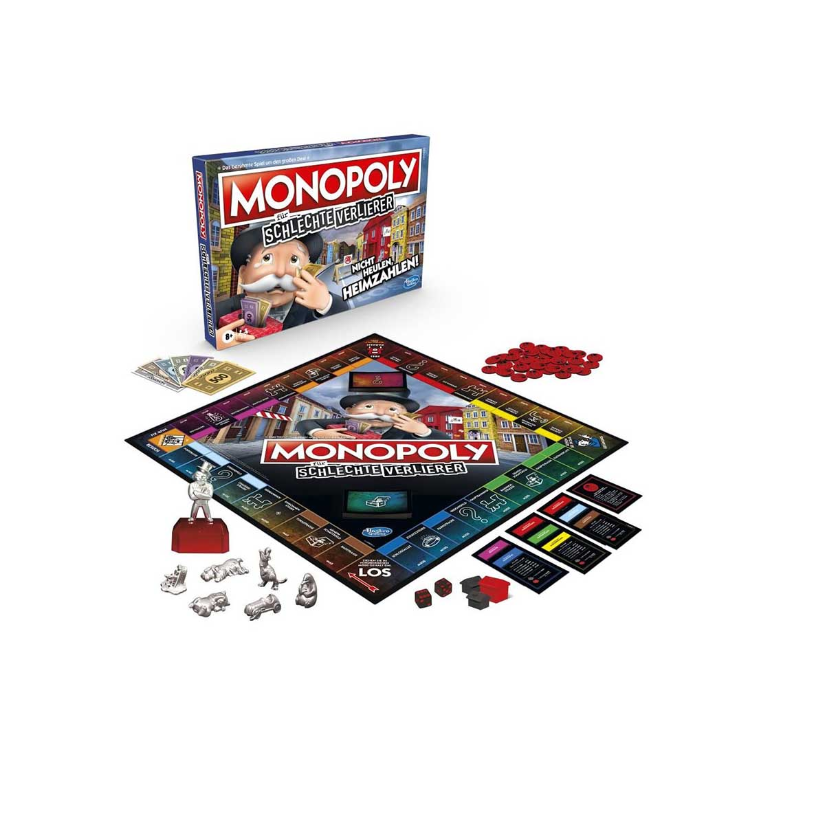 Monopoly-Brettspiel mit Schachtel, Geld, Spielsteinen und Grundstücken auf weißer Oberfläche.