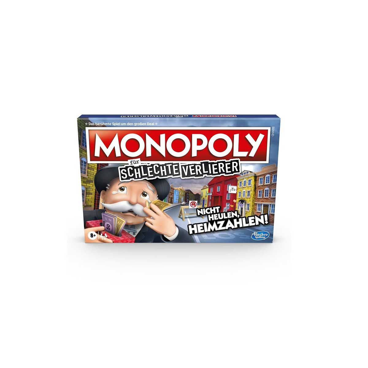 Monopoly-Brettspiel-Box mit Text und Bildern auf weißem Hintergrund.