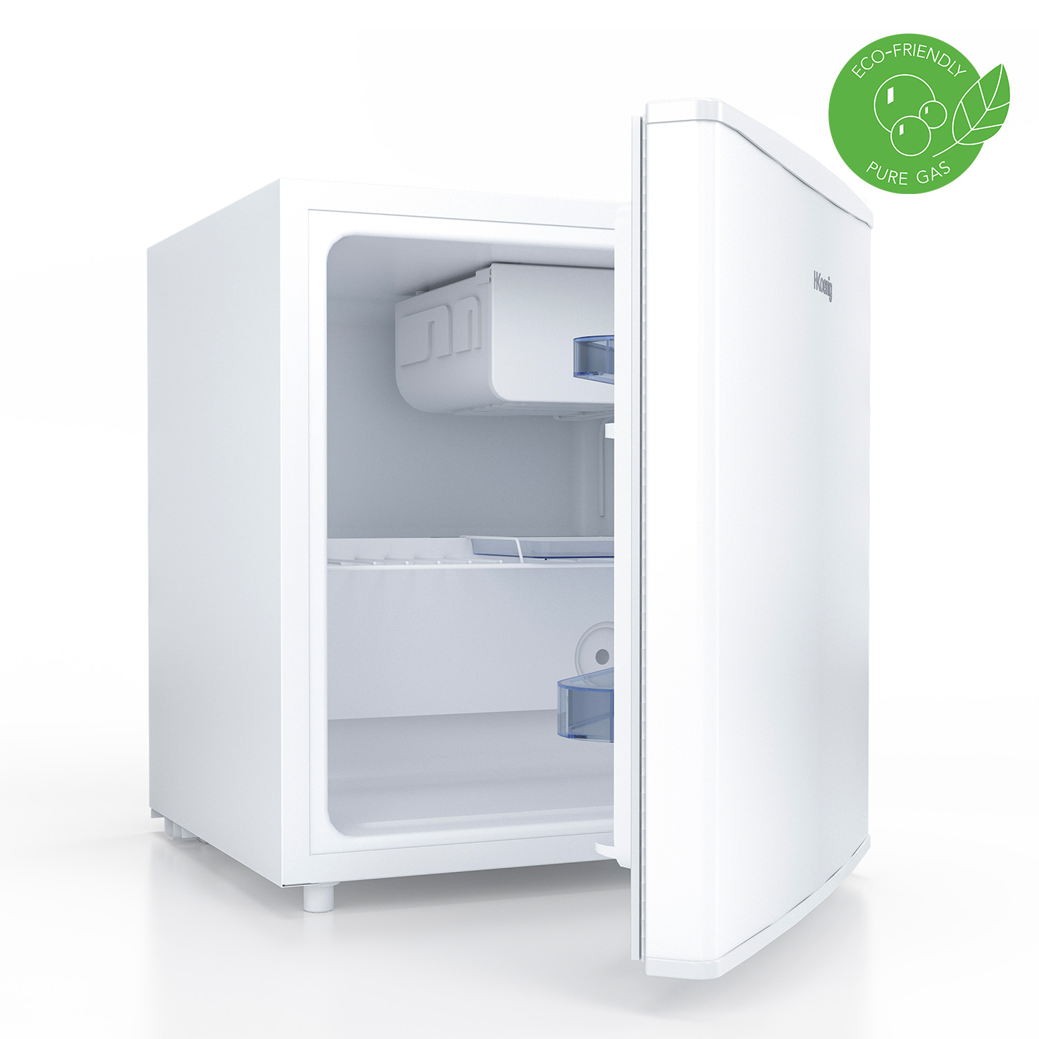 Biała mini lodówka z otwartymi drzwiami. Zawiera szufladę i półki wewnątrz.