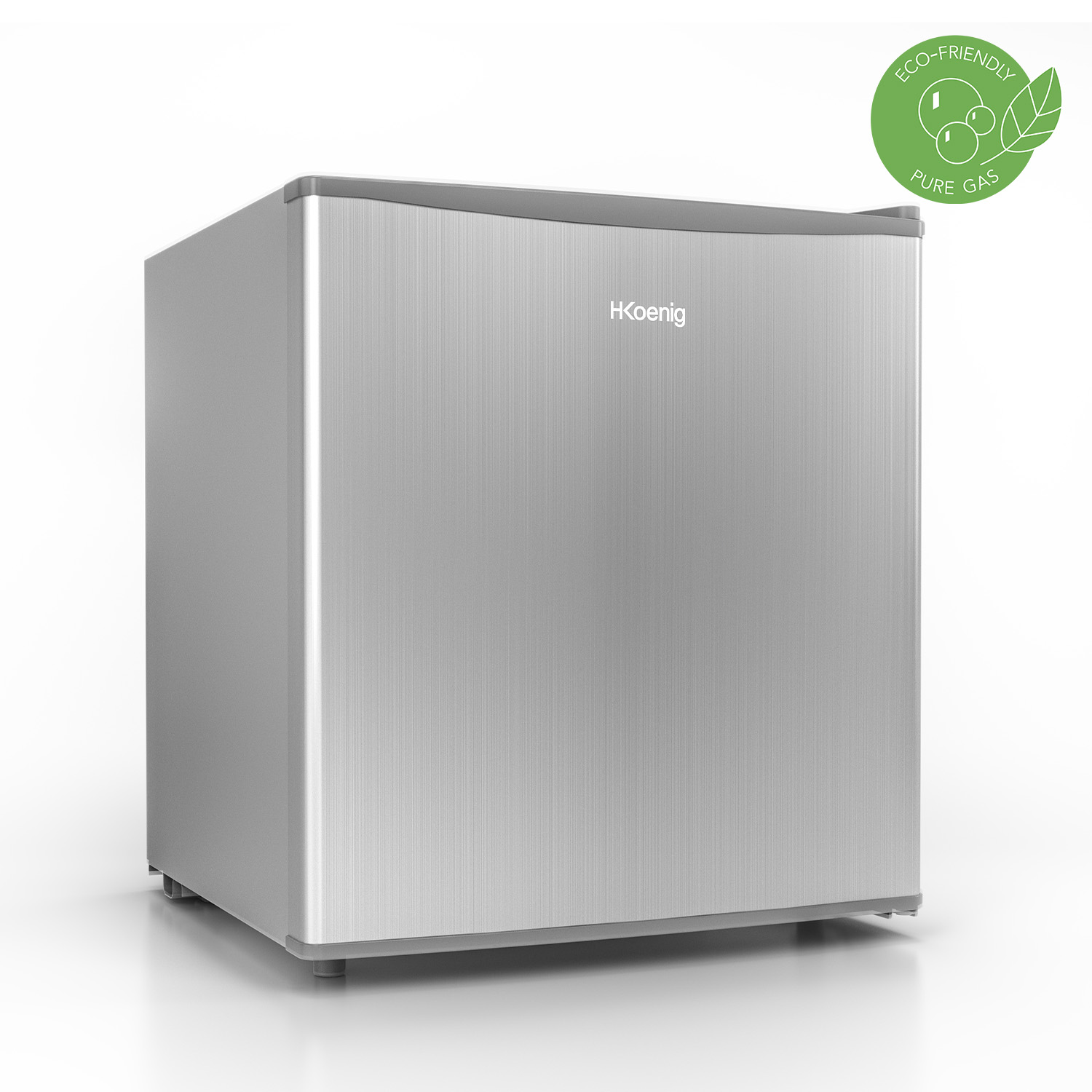 Mini-frigo HKoenig argento con adesivo ecologico. Sfondo bianco.