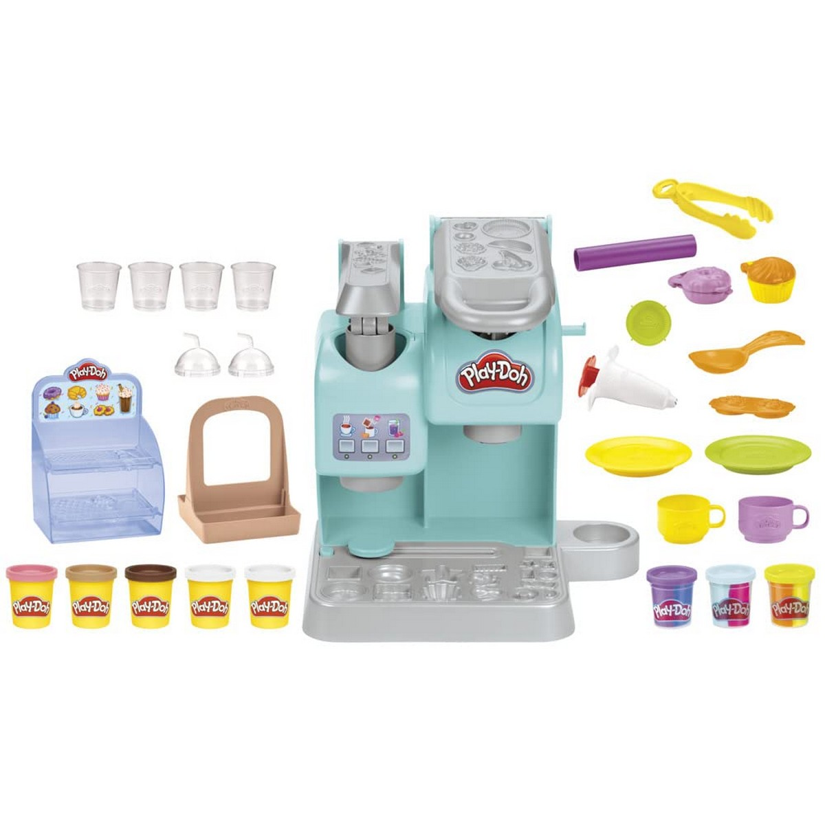 Juego de Play-Doh con varias herramientas, vasos y plastilina de colores.
