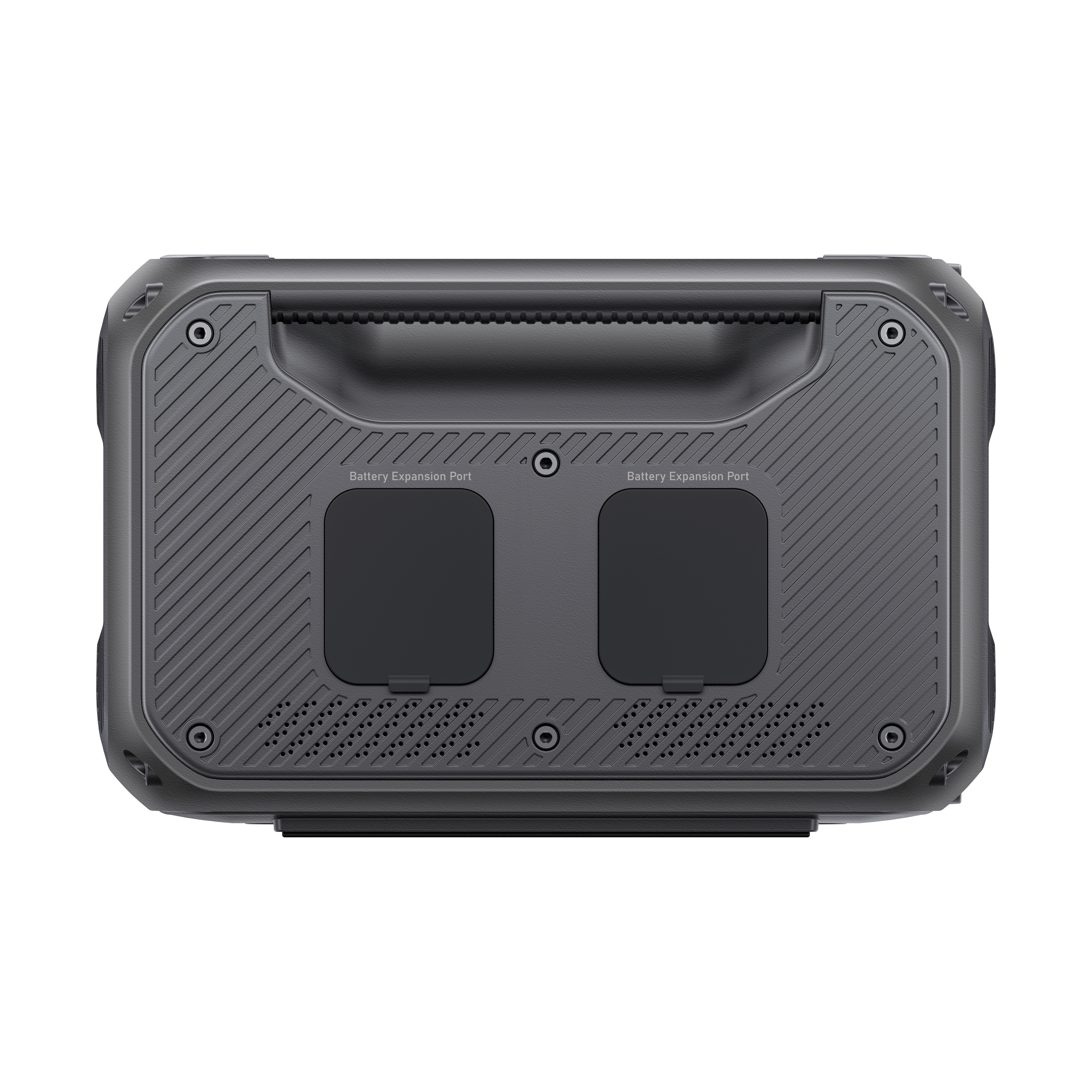 Czarne prostokątne urządzenie z portami rozszerzenia baterii i uchwytem.