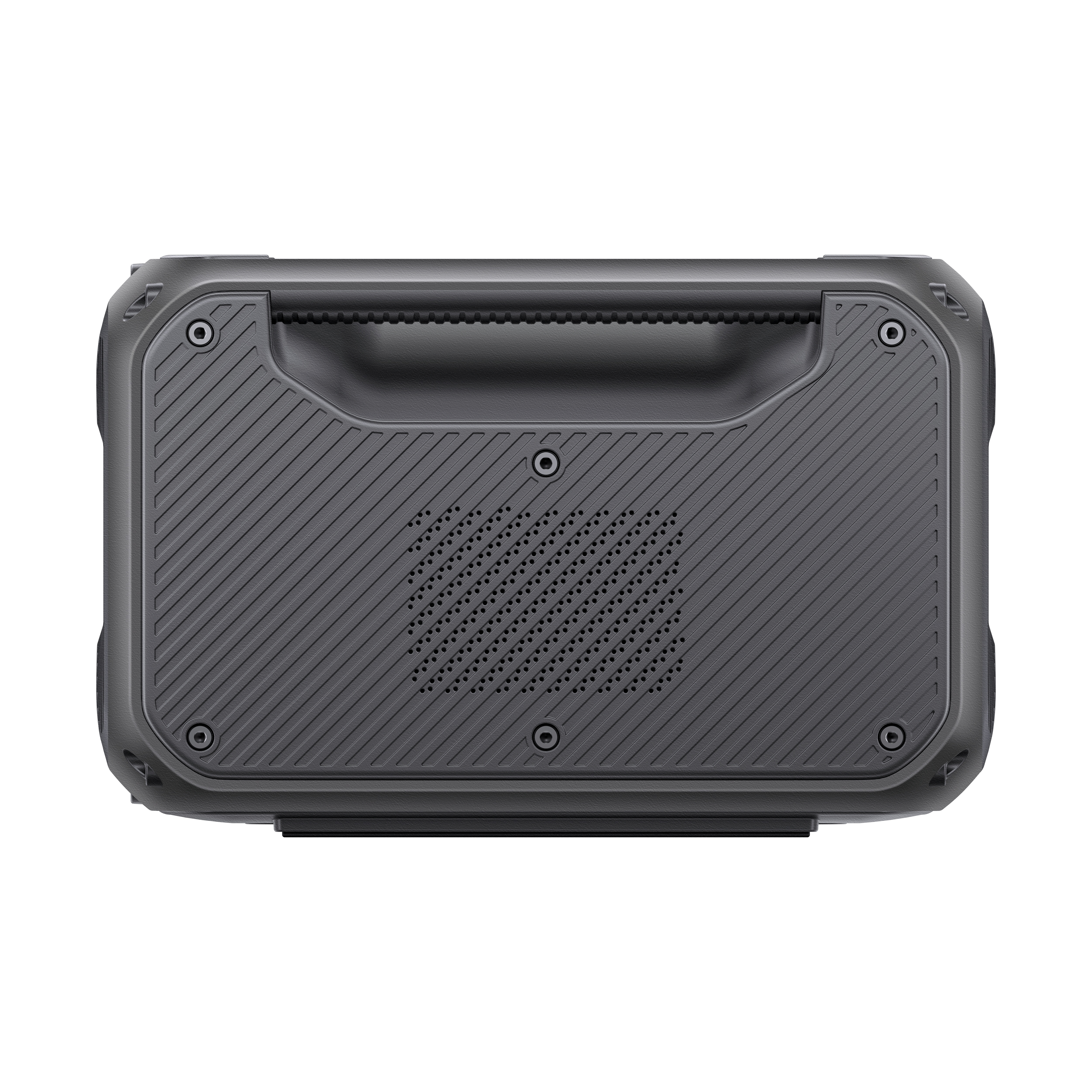 Szary wytrzymały głośnik z uchwytem i siatkową osłoną głośnika, widok z góry.