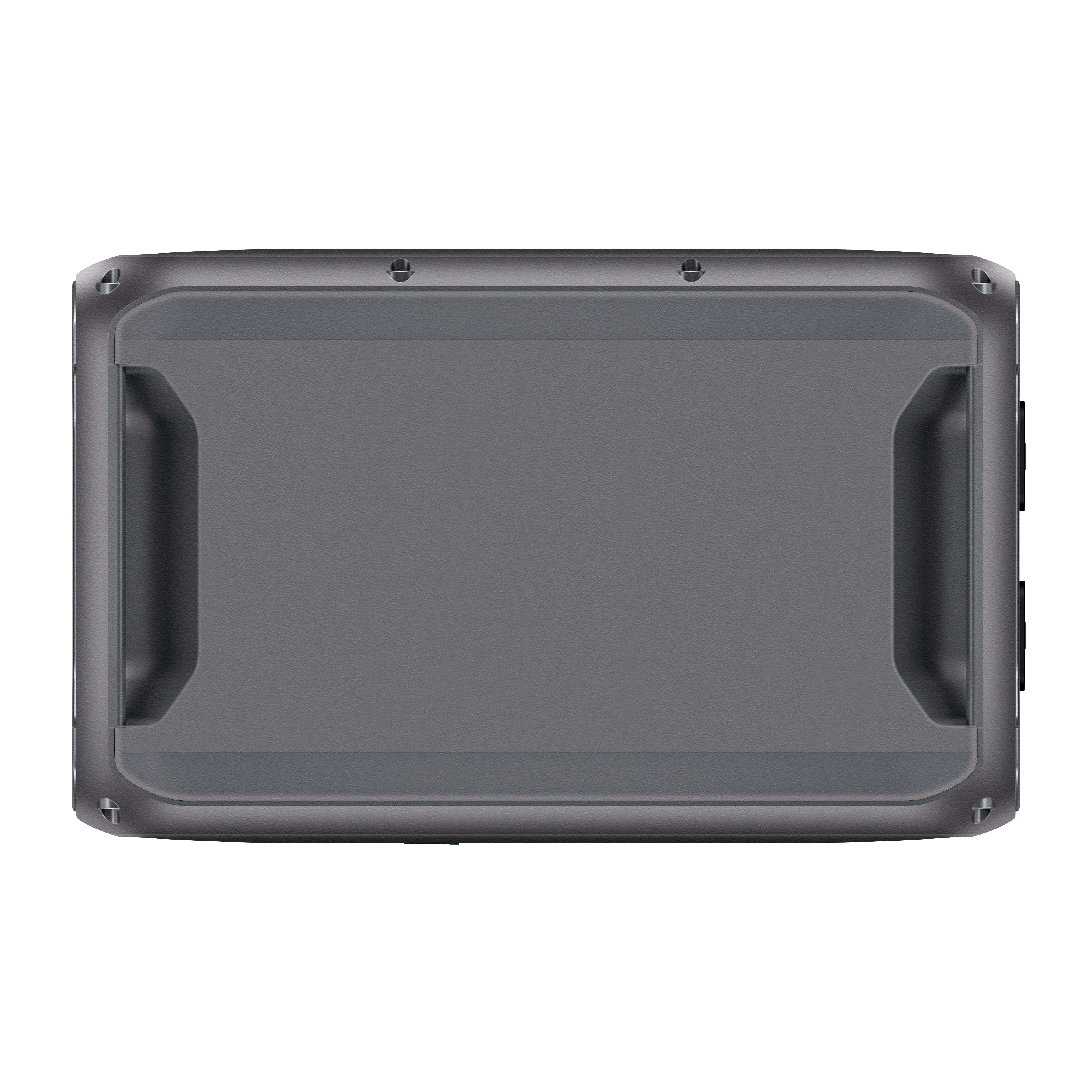 Szare prostokątne urządzenie widziane z góry, z dwoma uchwytami po bokach.